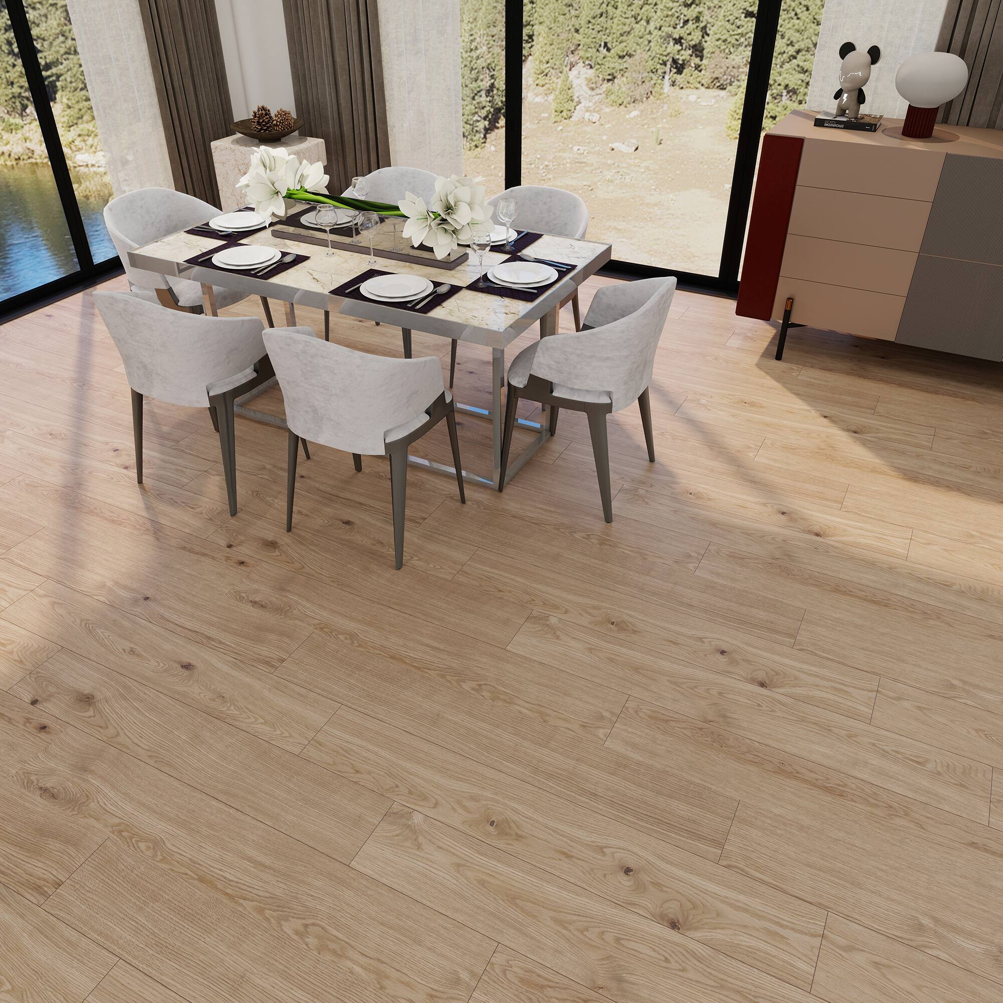 Left. Dotfloor - Superoak SEKET Laminate Flooring - 48"x7.7" Planks, 8 Planks/Box (20.56 sq ft/Box), 12mm Thick, AC4 Wear Rating - Noon Hickory.