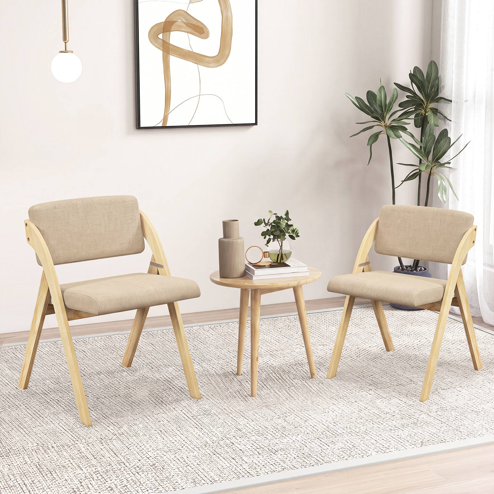 Alt View 3. Gymax - Gymax Set of 2 Dining Chairs Folding Kitchen Chair w/ Rubber Wood Legs Padded Seat Natural & Beige - Natural, Beige.