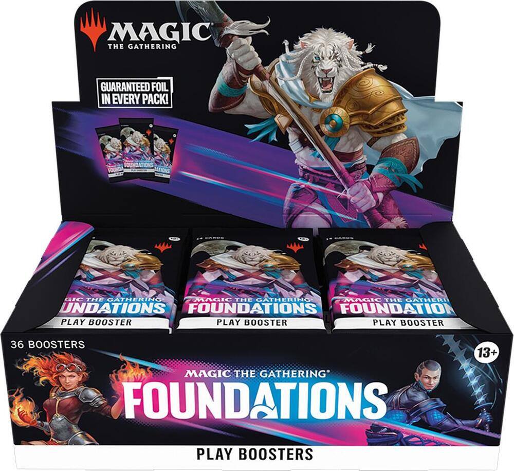 MAGIC THE GATHERING  
GUARANTEED FOIL IN EVERY PACK!  

MAGIC THE GATHERING FOUNDATIONS  
PLAY BOOSTER  

36 BOOSTERS  

MAGIC THE GATHERING FOUNDATIONS  
PLAY BOOSTERS  

13+