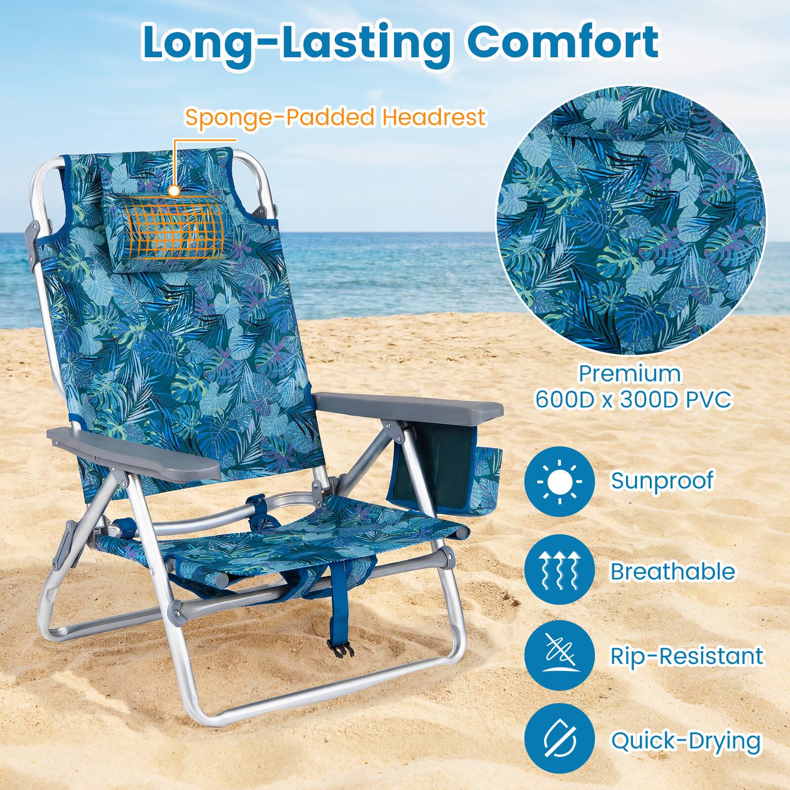 Long-Lasting Comfort  
Sponge-Padded Headrest  

Premium 600D x 300D PVC  
Sunproof  
Breathable  
Rip-Resistant  
Quick-Drying