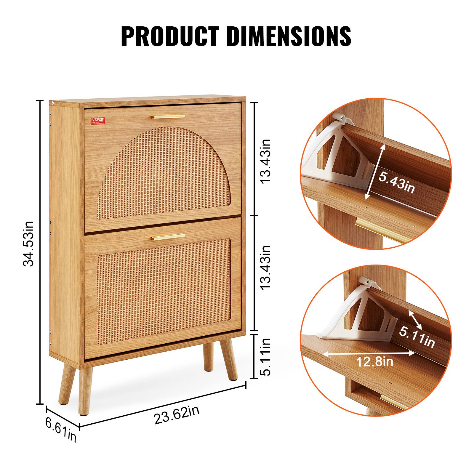 PRODUCT DIMENSIONS

- Height: 34.53in
- Width: 23.62in
- Depth: 13.43in
- Drawer Height: 5.11in
- Shelf Height: 5.43in
- Shelf Width: 12.8in