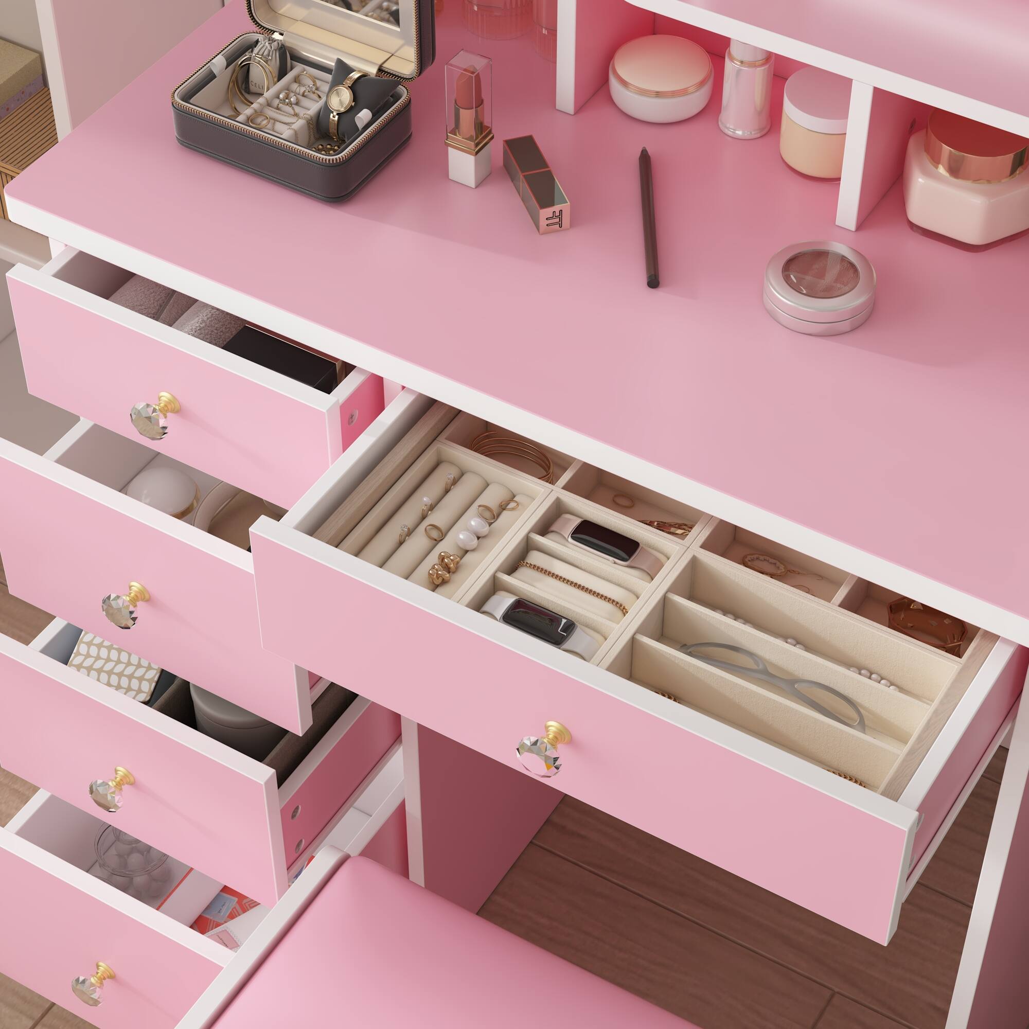 Alt View 2. Famapy - Vanity Table with LED Mirror Storage Dresser Drawers & Stool – Makeup Organizer for Bedroom - Pink.
