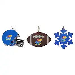 The Memory Company - Kansas Jayhawks Three-Pack Helmet, Football & Snowflake Ornament Set - Multicolor