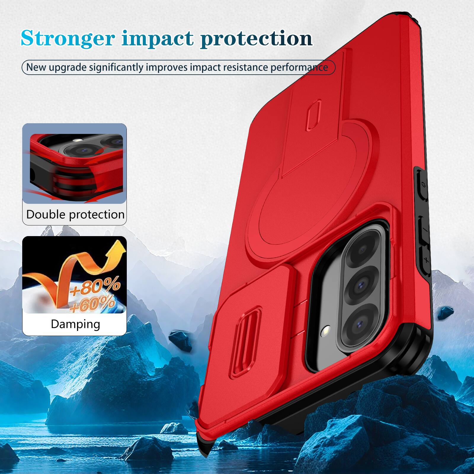 Stronger impact protection  
New upgrade significantly improves impact resistance performance  
Double protection  
+80% +60% Damping