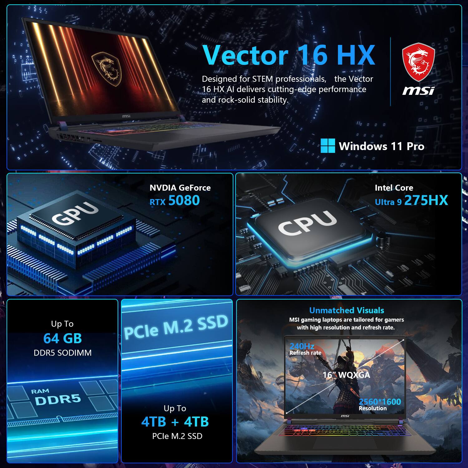 Vector 16 HX  
Designed for STEM professionals, the Vector 16 HX AI delivers cutting-edge performance and rock-solid stability.  

- NVIDIA GeForce RTX 5080  
- Intel Core Ultra 9 275HX  
- Windows 11 Pro  

- Up To 64 GB DDR5 SODIMM  
- Up To 4TB + 4TB PCIe M.2 SSD  

- 16" WQXGA (2560 x 1600)  
- 240Hz Refresh rate  

MSI gaming laptops are tailored for gamers with high resolution and refresh rate.