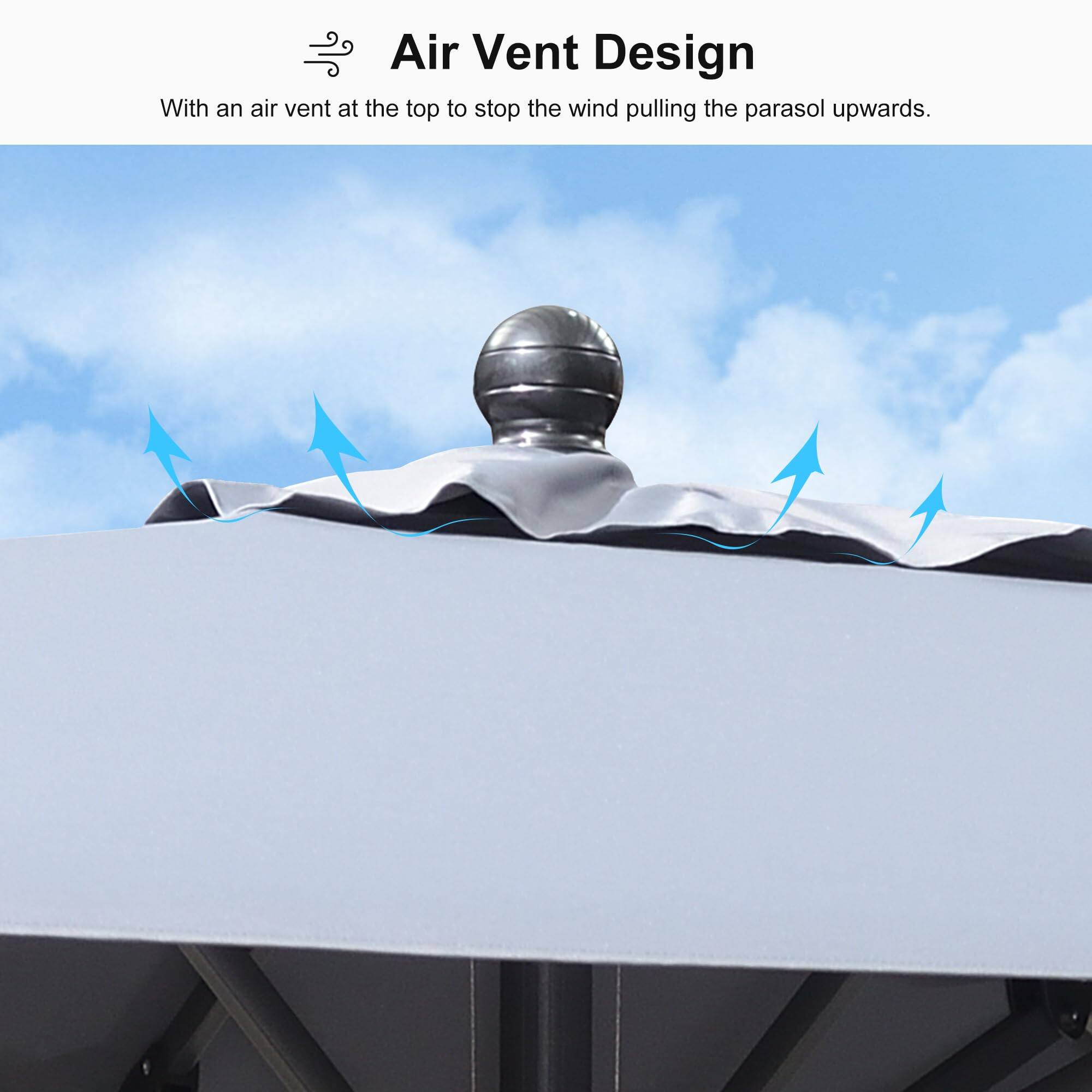 Air Vent Design

With an air vent at the top to stop the wind pulling the parasol upwards.