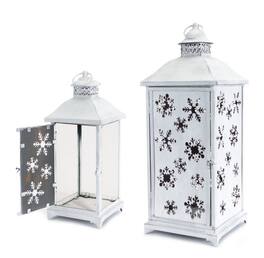 Melrose - Set of 2 Large Cut-Out Snowflake All-Weather Iron and Glass Christmas Candle Lanterns - White