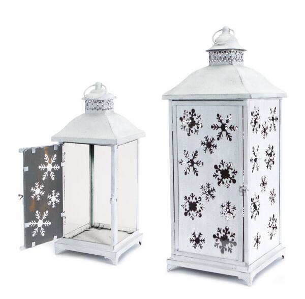 Front. Melrose - Set of 2 Large White Cut-Out Snowflake All-Weather Iron and Glass Christmas Candle Lanterns - White.