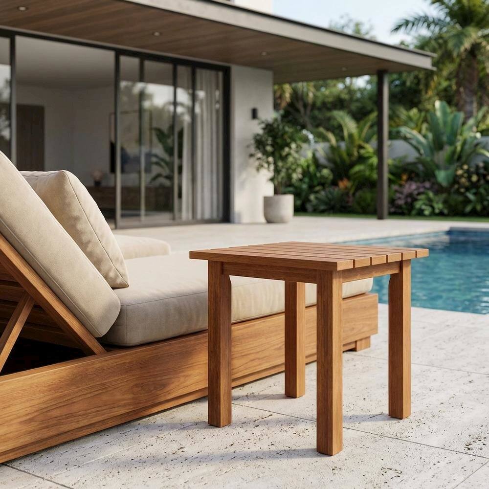 Left. Outdoor Escape - Teak Oil Outdoor Patio End Table In Finish For Garden - Natural.