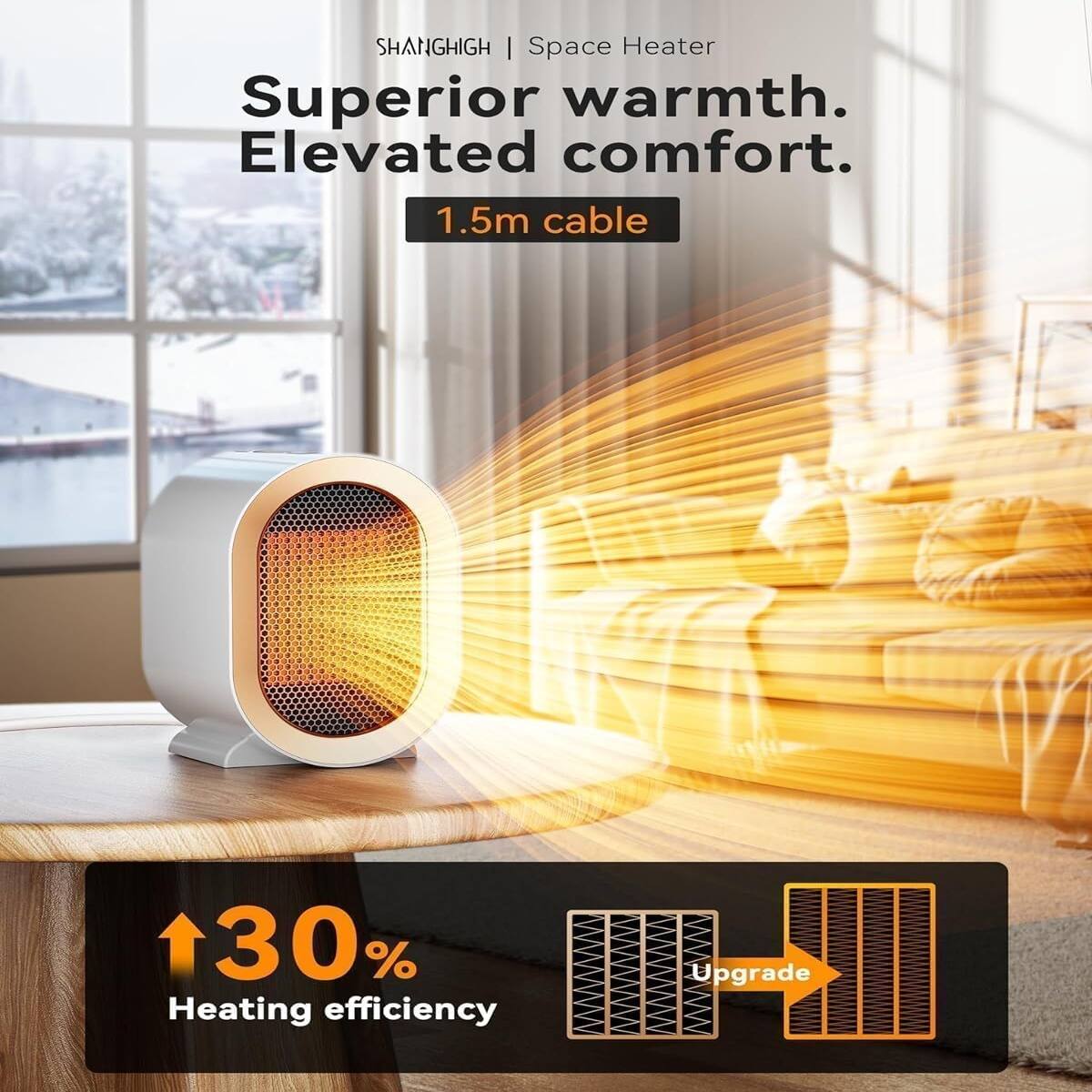 SHANGHIGH | Space Heater  
Superior warmth.  
Elevated comfort.  
1.5m cable  
+30% Heating efficiency  
Upgrade