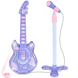 Best Choice Products - 19in Kids Flash Guitar, Pretend Play Musical Instrument Toy for Toddlers w/ Mic, Stand - Purple