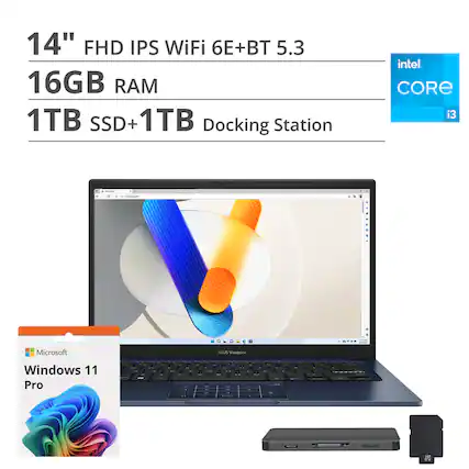 14" FHD IPS WiFi 6E + BT 5.3
16GB RAM
1TB SSD + 1TB Docking Station
Intel Core i3
Microsoft Windows 11 Pro
ASUS Vivobook