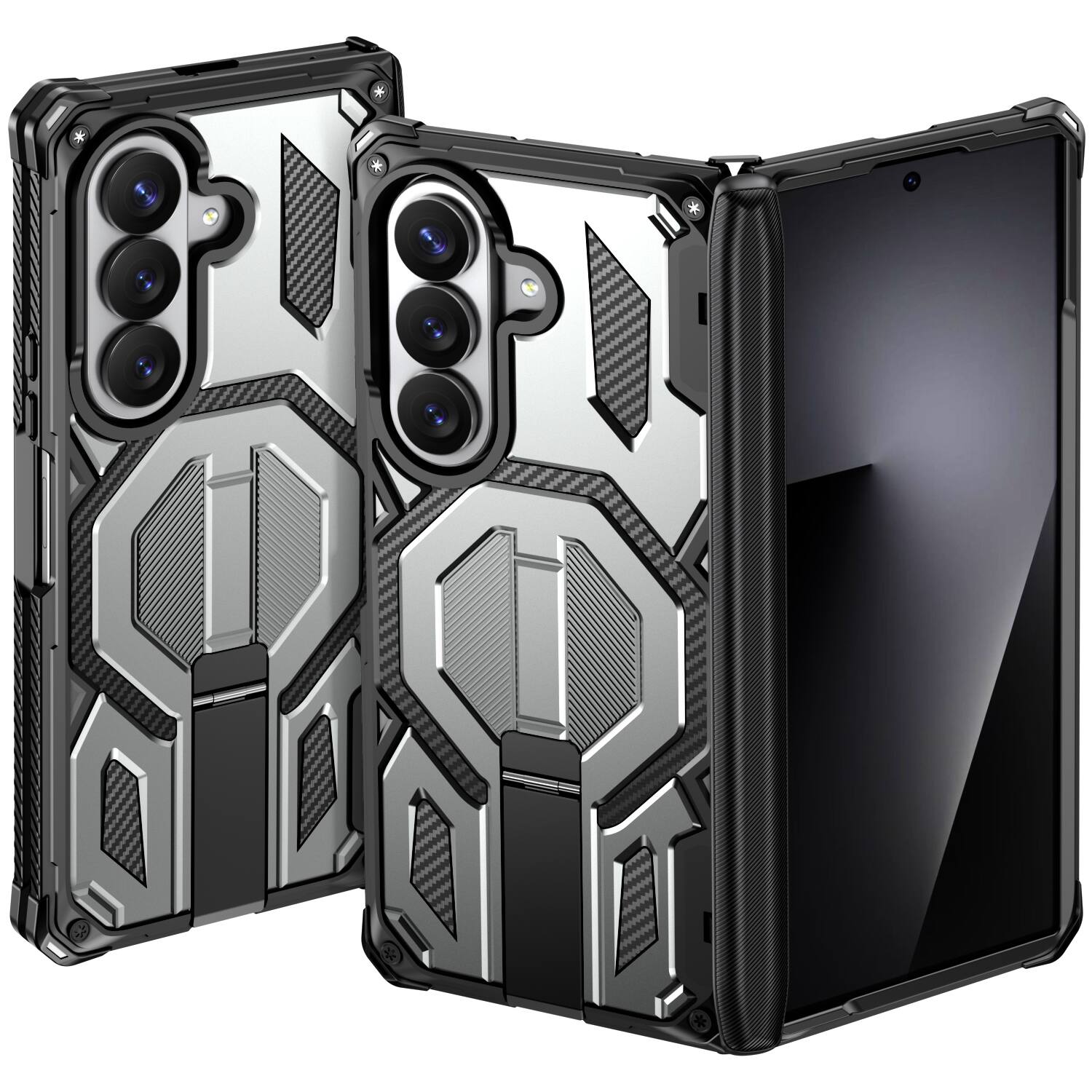 Angle. Dteck - Heavy Duty Rugged Magnetic Case For Samsung Galaxy Z Fold8 Ultra, Foldable Kickstand Shockproof Hinge Protection Cover - Gray.