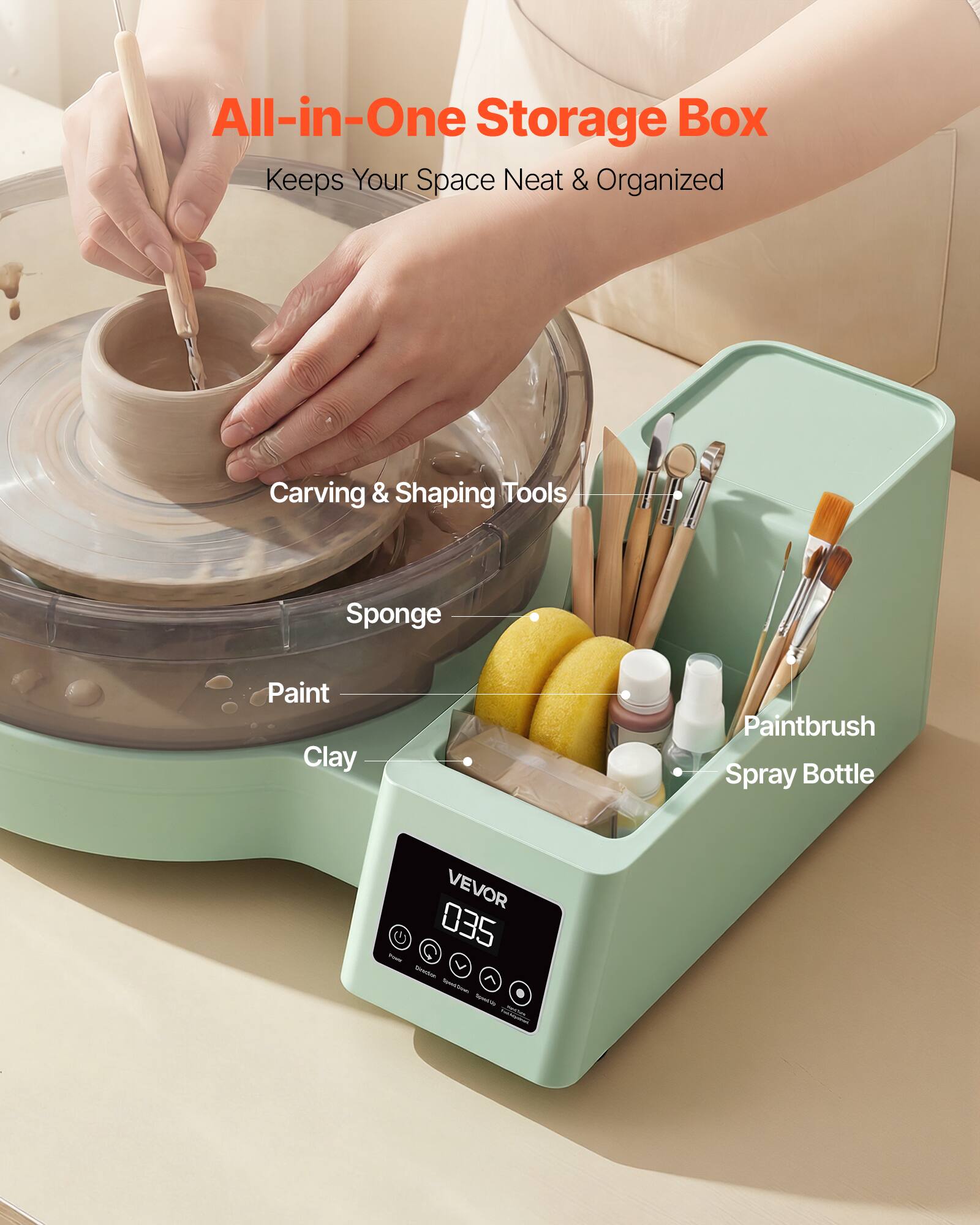 All-in-One Storage Box Keeps Your Space Neat & Organized

Carving & Shaping Tools
Sponge
Paint
Clay
Paintbrush
Spray Bottle

VEVOR G 035