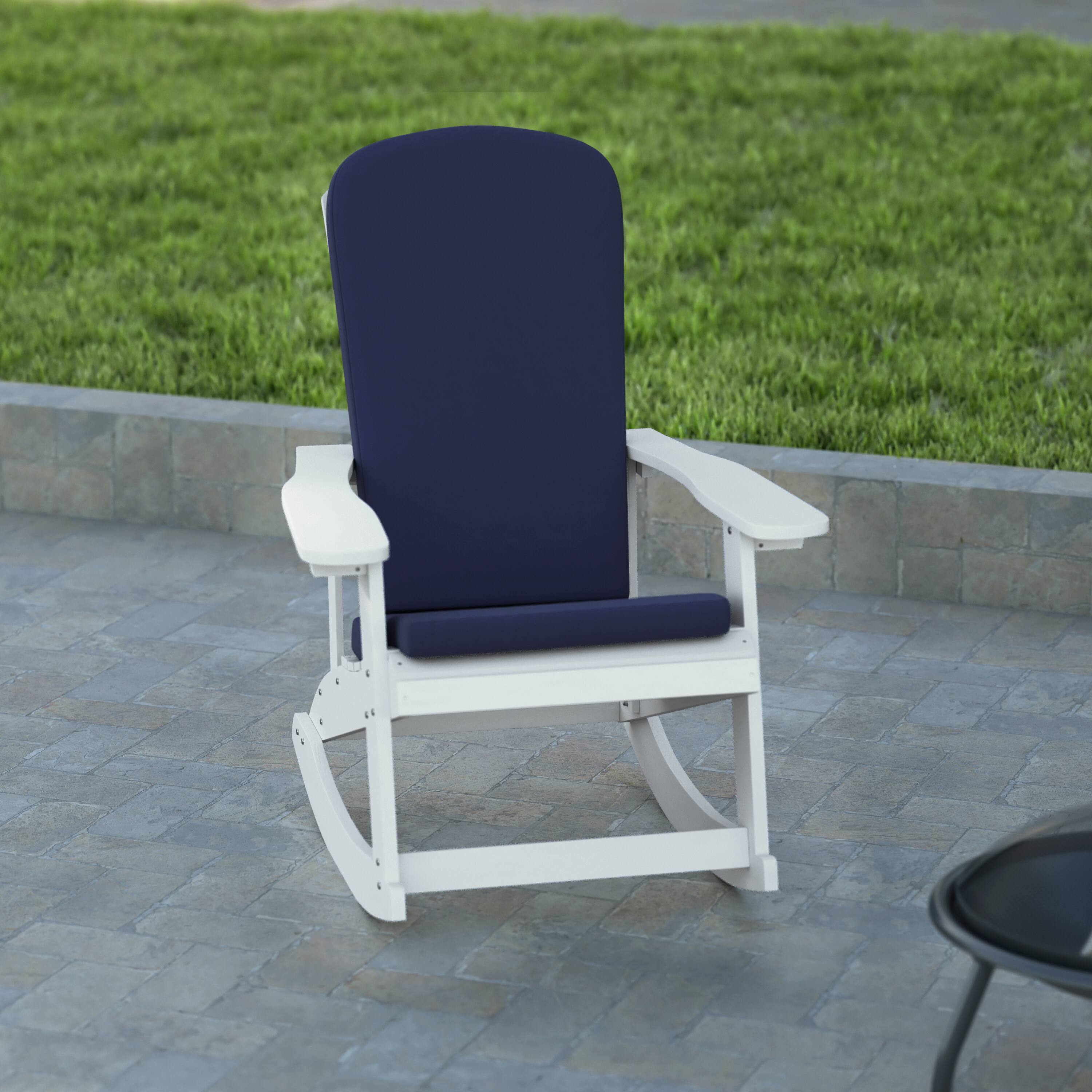 Alt View 5. Emma + Oliver - Marcy Set of 2 All-Weather Poly Resin Adirondack Rocking Chairs with Cushions - Blue Cushions/White Frame.