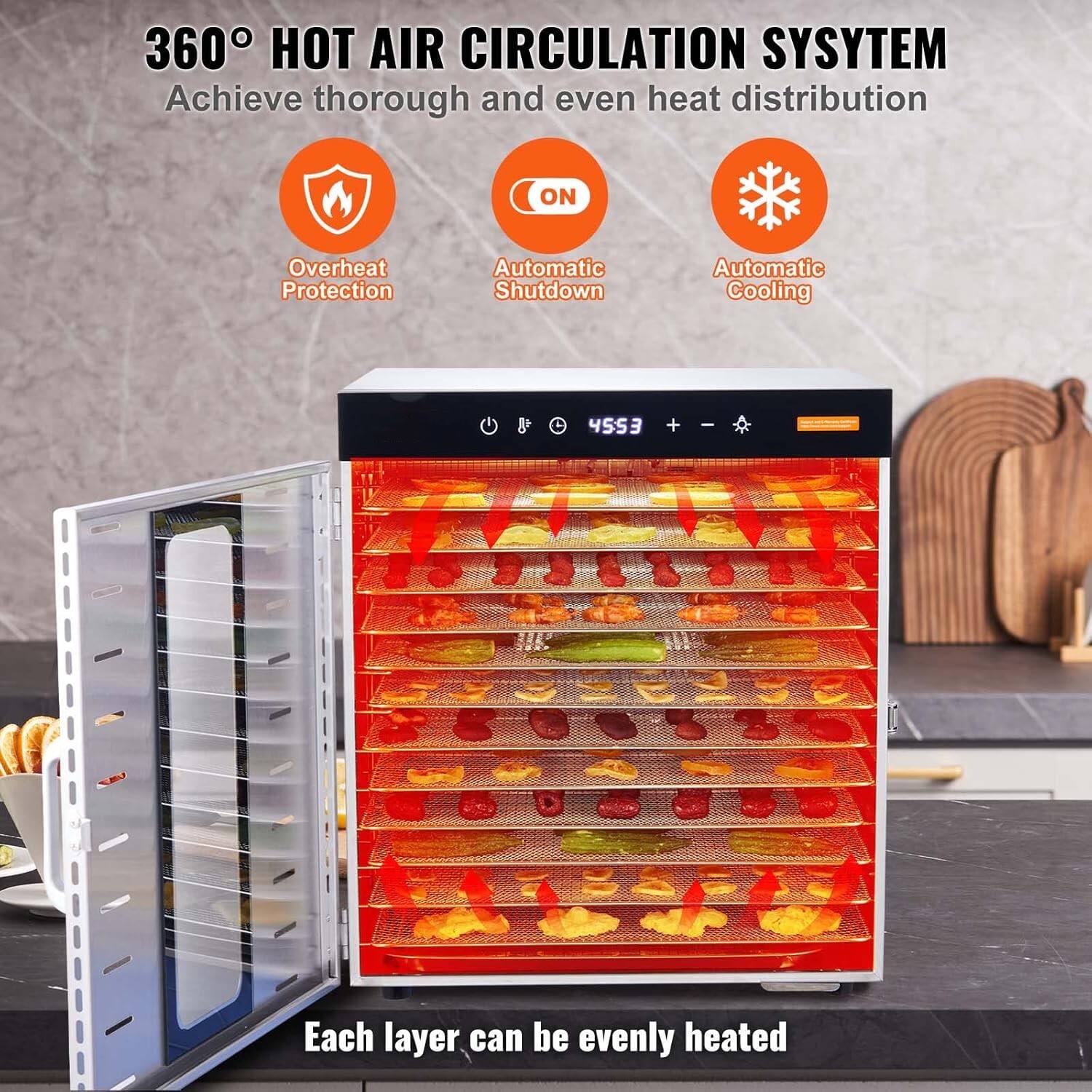 360° HOT AIR CIRCULATION SYSTEM  
Achieve thorough and even heat distribution  

- Overheat Protection  
- Automatic Shutdown  
- Automatic Cooling  

Each layer can be evenly heated