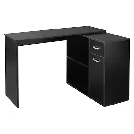 Front. Homcom - L Shaped Computer Desk, 180° Rotating Corner Desk with Storage Shelves, Drawer and Cabinet - Black.