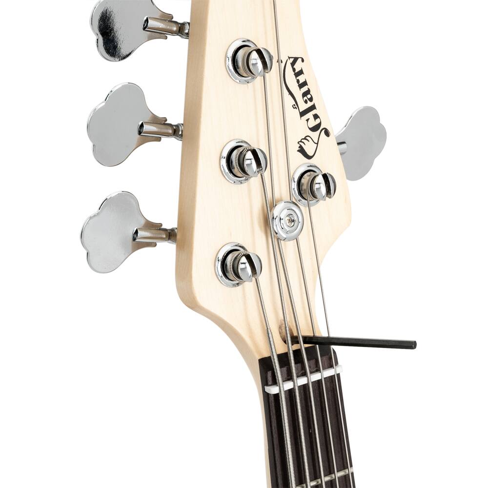 Angle. Winado - Gjazz Electric 5 String Bass Guitar Full Size Bag Strap Pick Connector Wrench Tool Sunset With Bag for student Gift.