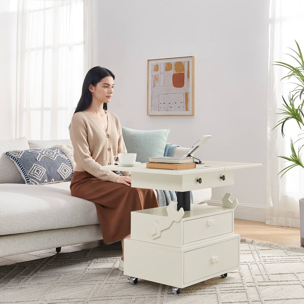 Alt View 2. Loheer - Adjustable Height End Table Rolling Side Table with Charging Station Lift Top Multi-Functional Bedside Table White - White.