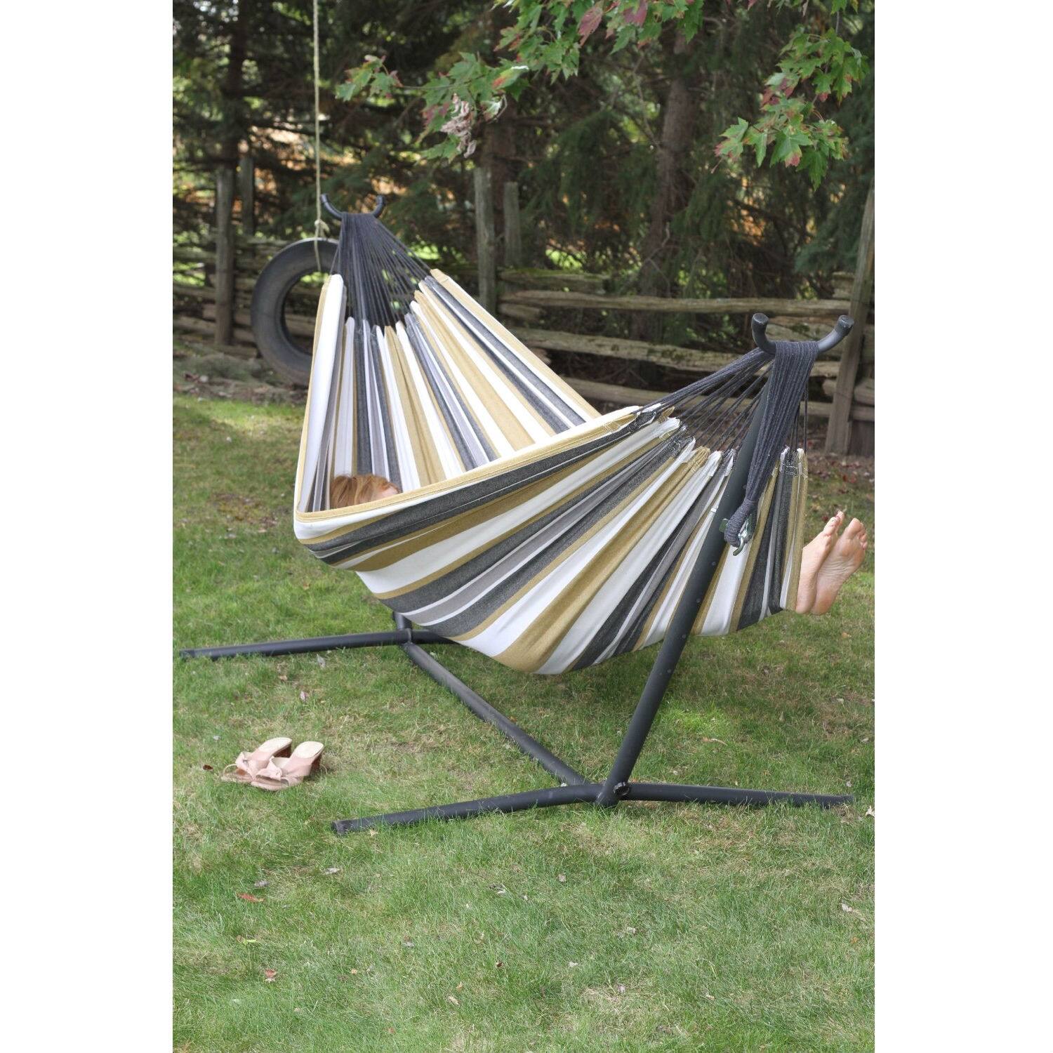 Angle. Hivvago - Desert Moon Pattern Cotton Hammock with 9-FT Steel Stand - Multicolor.