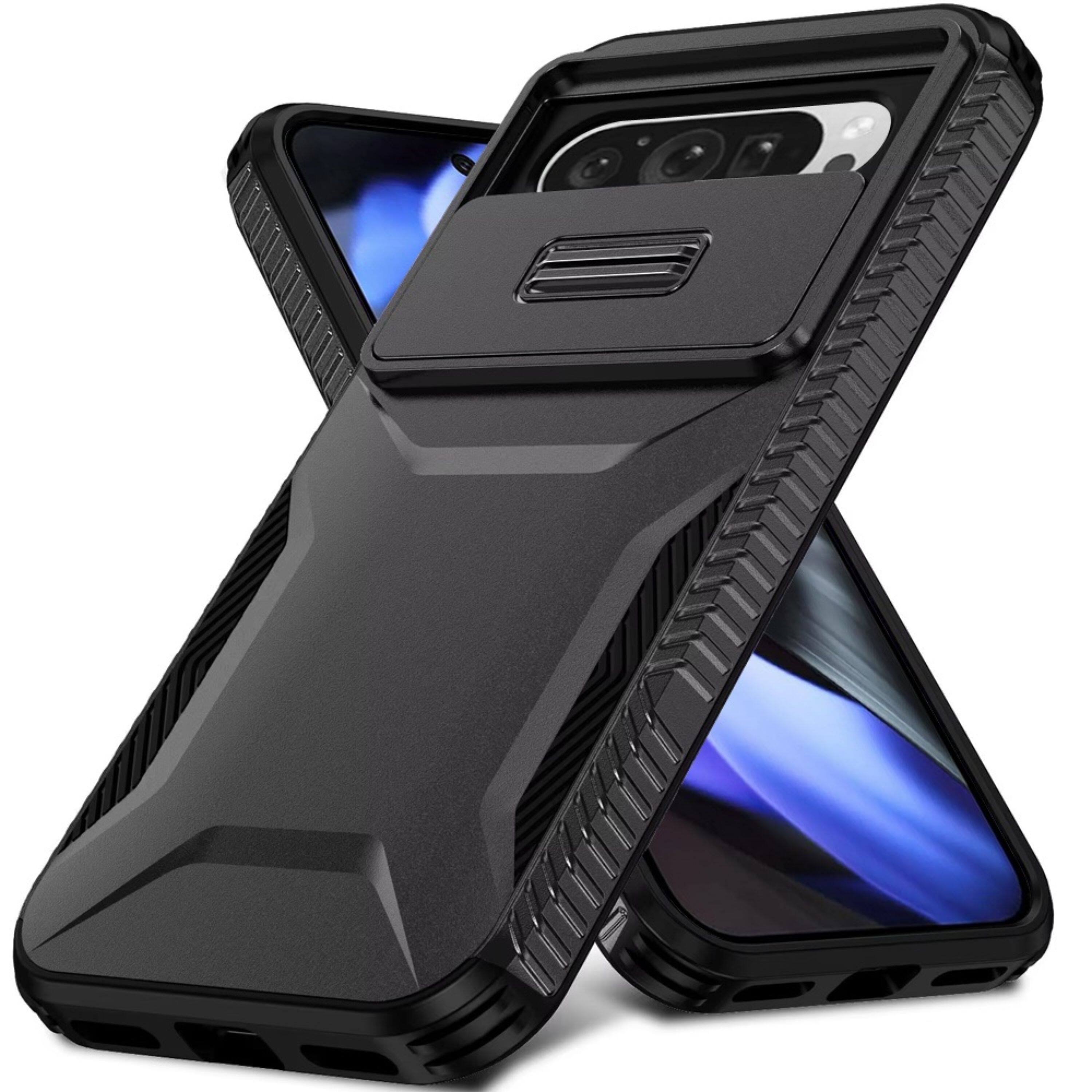 Left. Kitcheniva - Rugged Grip Sliding Lens Cover Plus Tempered Glass For Google Pixel 10/10 Pro Black - Black.