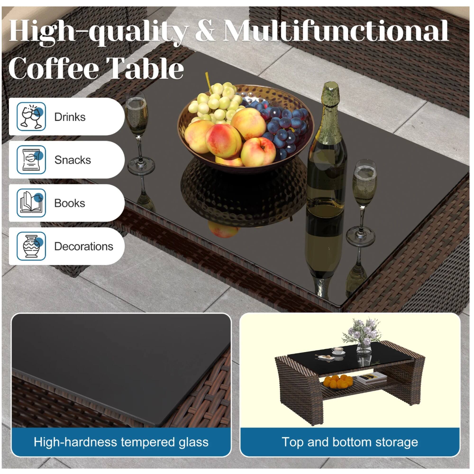 High-quality & Multifunctional Coffee Table

- Drinks
- Snacks
- Books
- Decorations

High-hardness tempered glass

Top and bottom storage