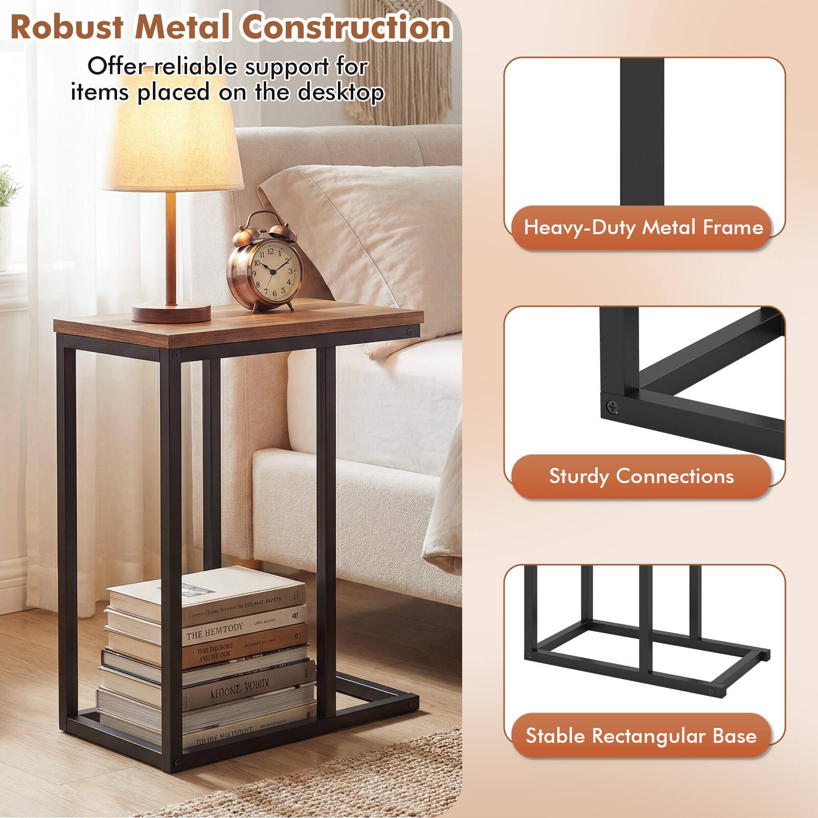 Robust Metal Construction  
Offer reliable support for items placed on the desktop

Heavy-Duty Metal Frame  
Sturdy Connections  
Stable Rectangular Base