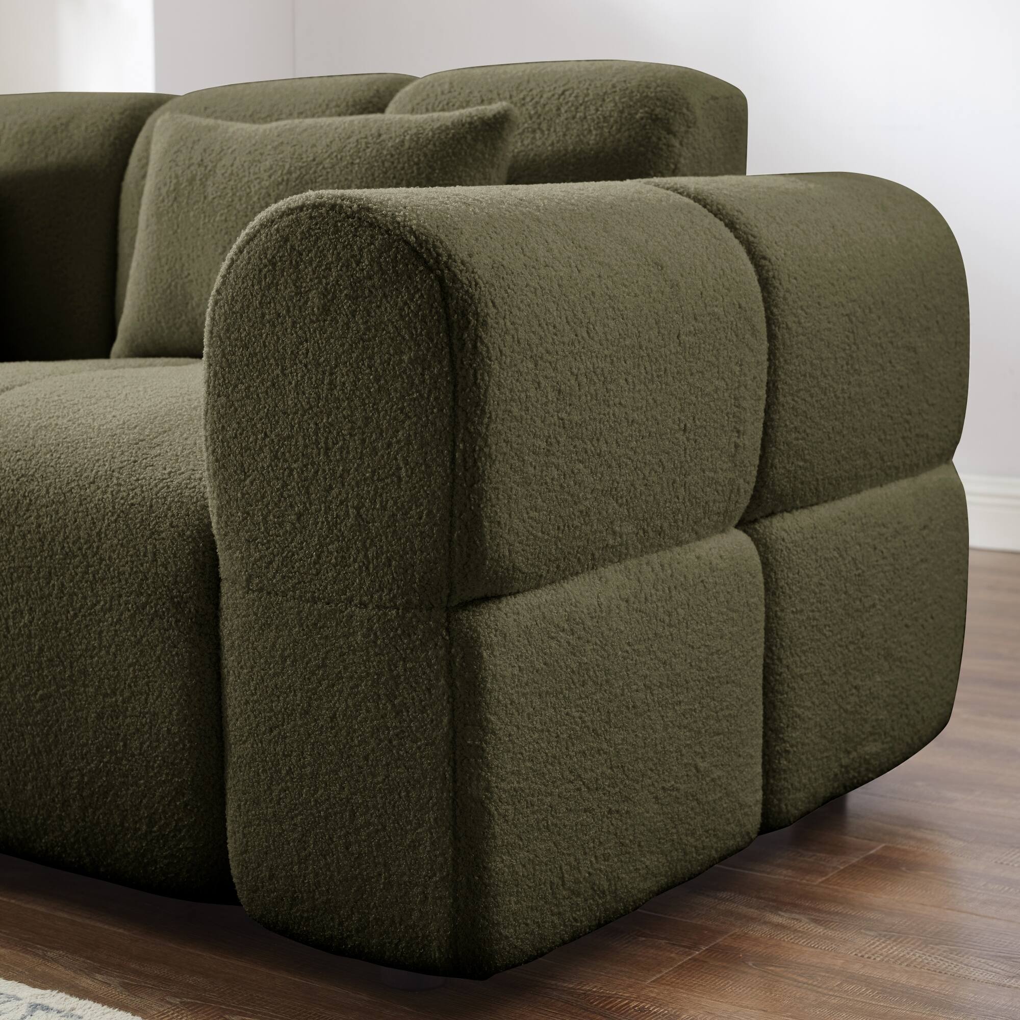 Left. Electra Tech Xpress - 80" Modern Sofa Couch, Comfy Deep Seat Teddy Cloud Sofa, Oversized Loveseat 3-Seater Boucle Couch - Green.