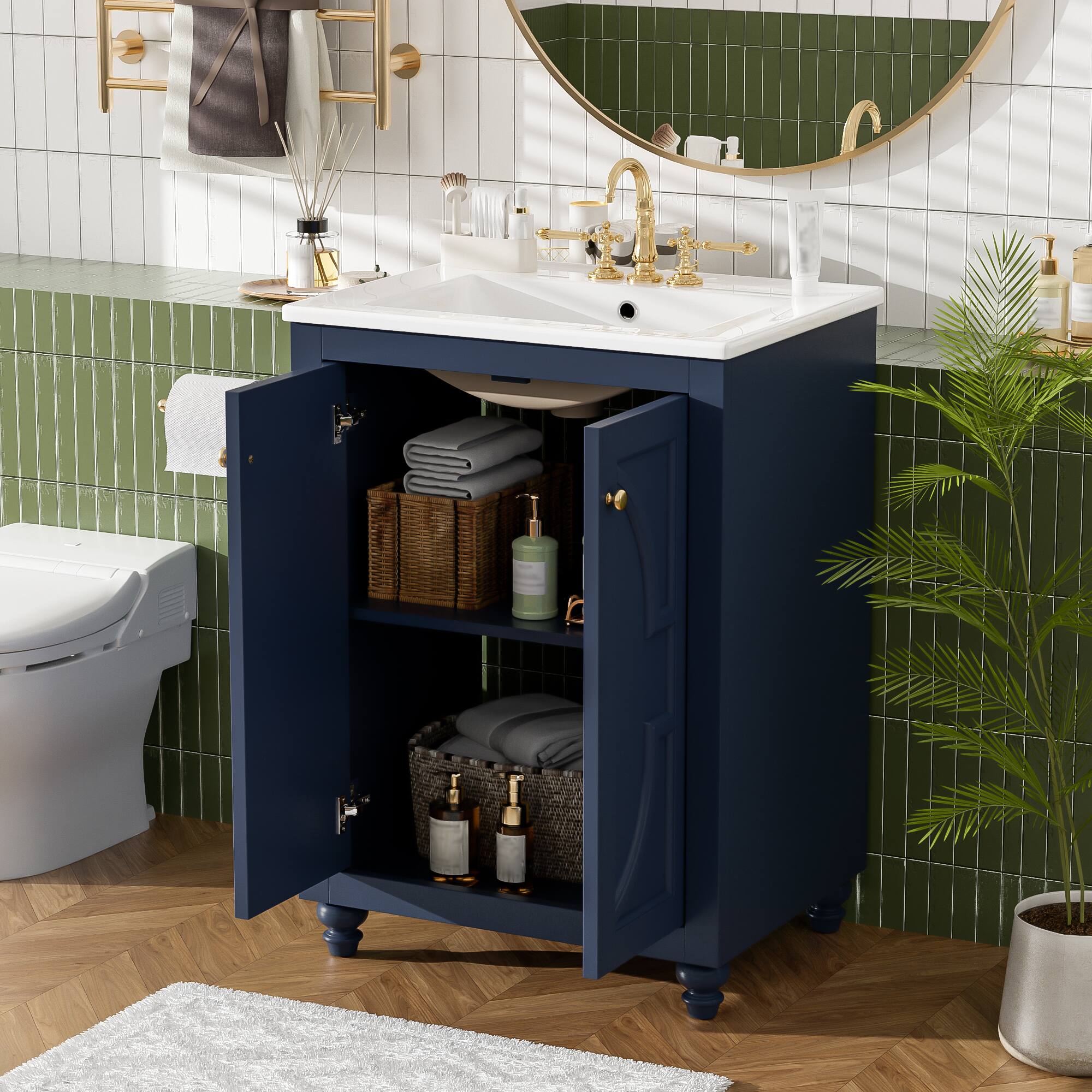 Front. Whisen - 24" Modern Bathroom Vanity with Ceramic Sink, Storage Cabinet with Soft-Close Hinges for Bathroom - Blue.