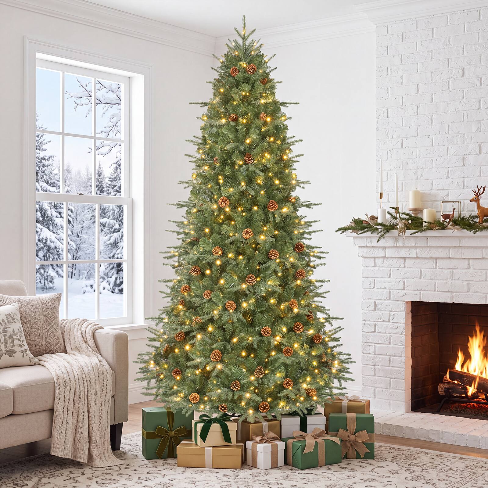 Alt View 3. Costway - 7.5Ft Pre-Lit Christmas Tree Hinged 540 LED Lights Pine Cones - Green.