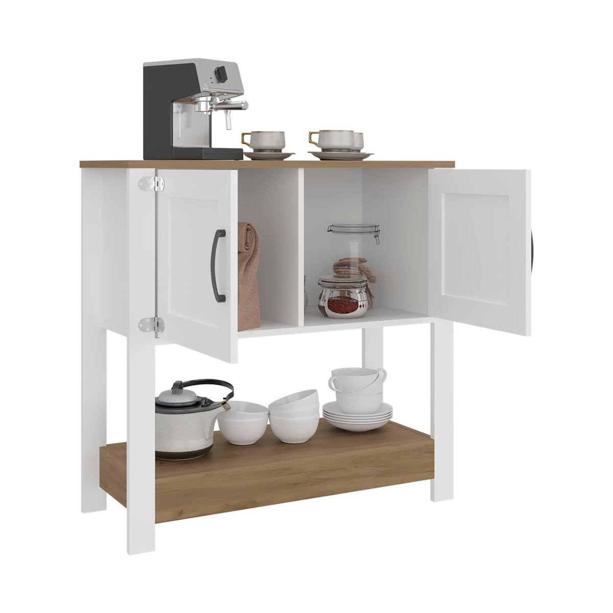 Alt View 2. Loheer - Loheer white and natural oak coffee station coffee bar cabinet with storage doors 35 Inch - White and Natural.