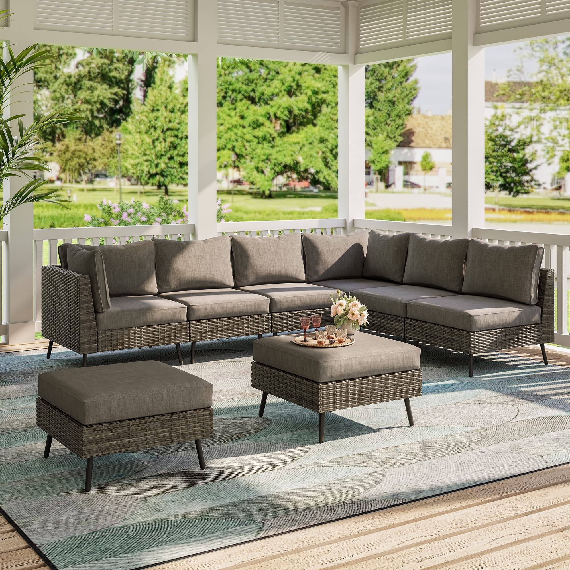 Angle. Yardgrace - Yardgrace Eight piece set Shrinking pin rattan patio furniture sofa Thick Cushions outdoor sectional for Patio Gray - Grey.