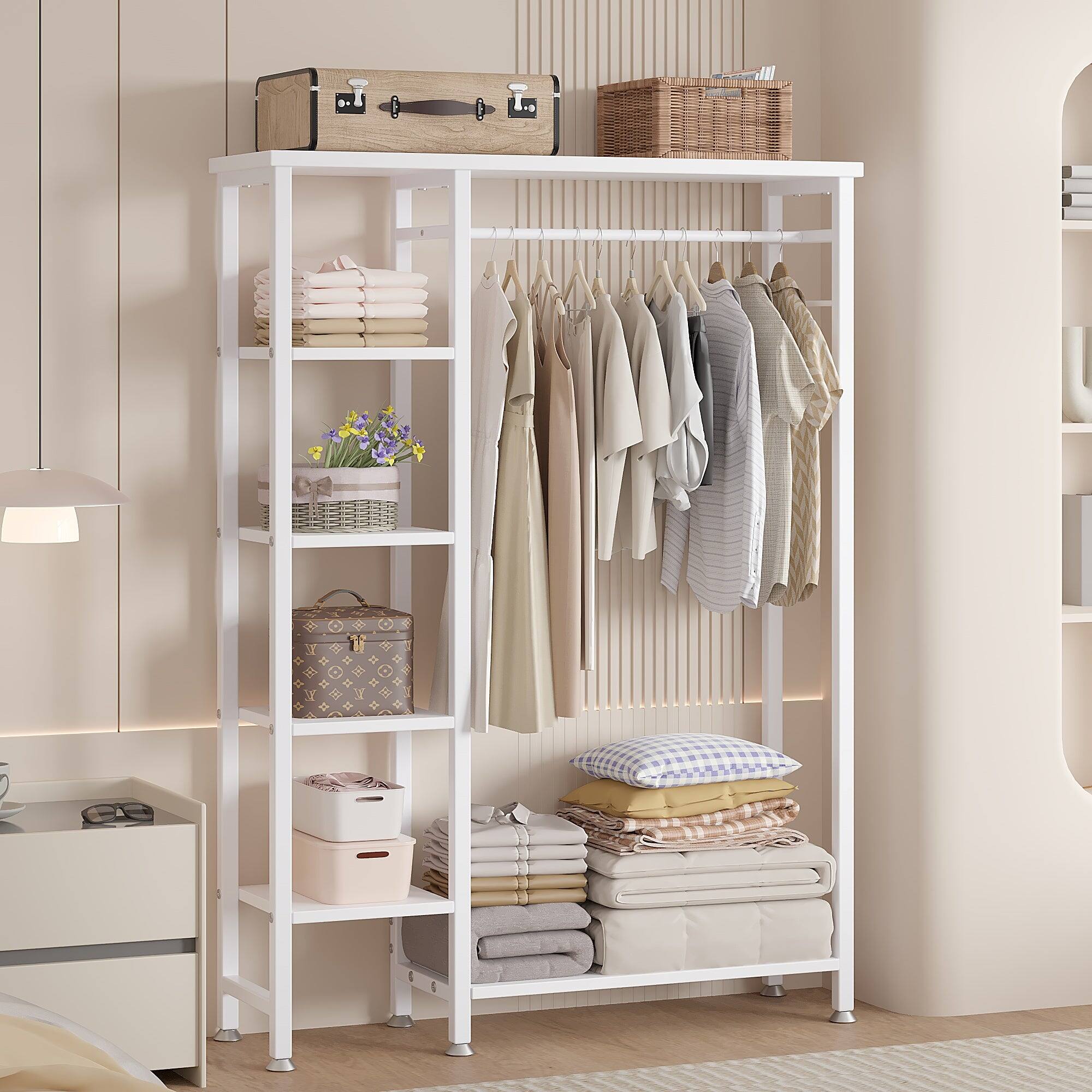 Alt View 2. Vecelo - Freestanding Closet Organizer with Shelves and Garment Rod, Heavy Duty Metal Clothing Rack for Small Spaces - White.