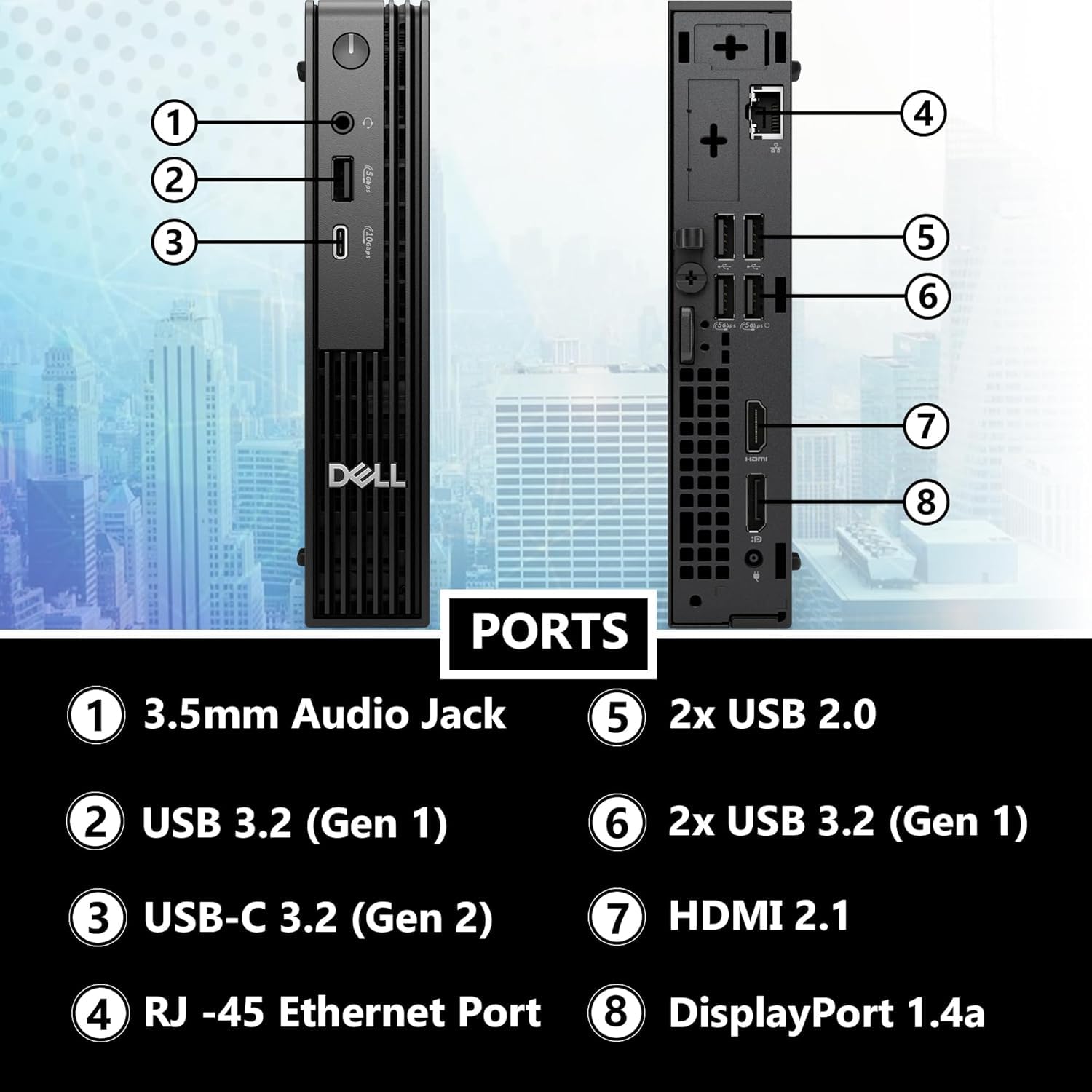 1. 3.5mm Audio Jack  
2. USB 3.2 (Gen 1)  
3. USB-C 3.2 (Gen 2)  
4. RJ-45 Ethernet Port  
5. 2x USB 2.0  
6. 2x USB 3.2 (Gen 1)  
7. HDMI 2.1  
8. DisplayPort 1.4a