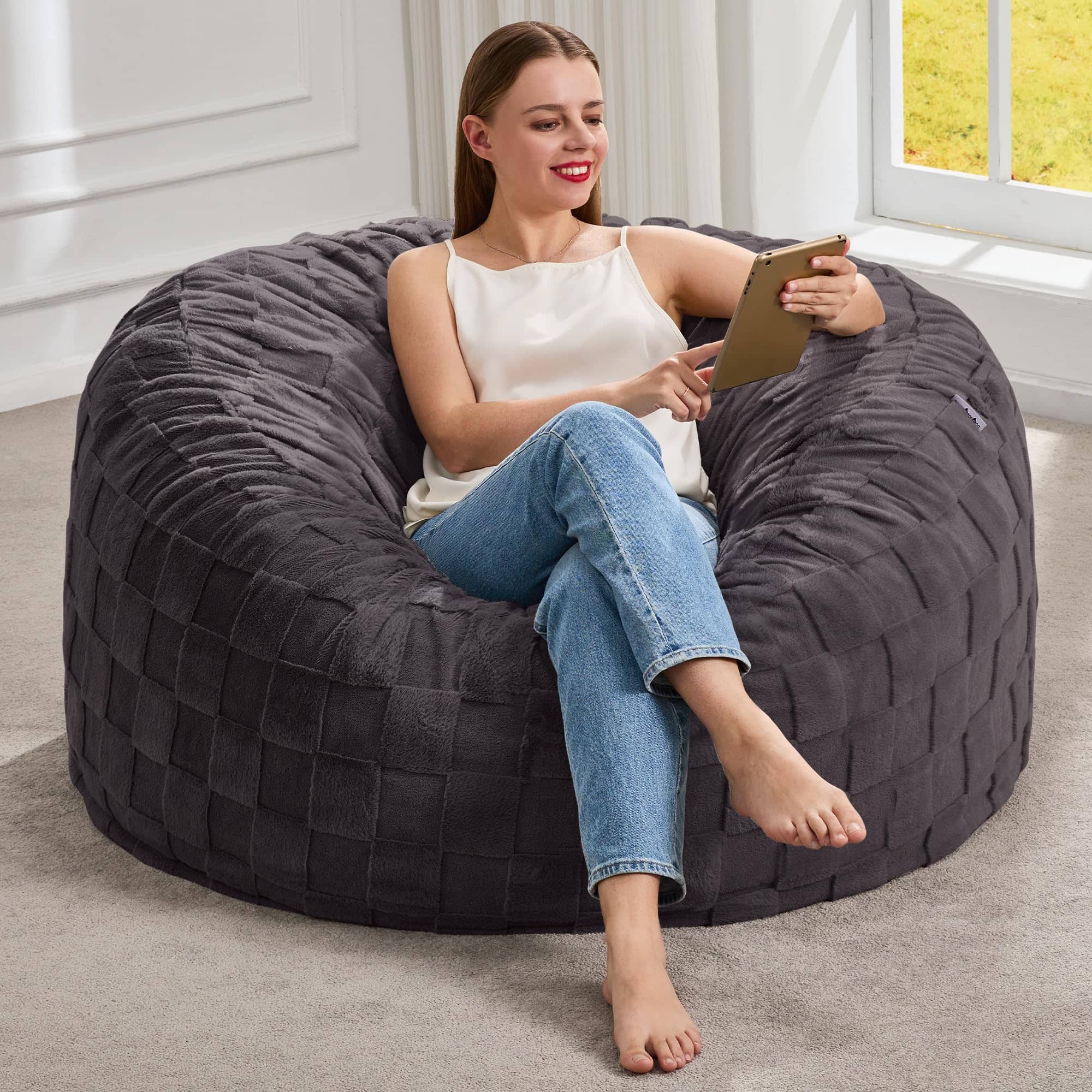 PO3TICJUNKI3 - Bean Bag Chairs Beanbag Chair With Filler Adult Bags Fluffy Cover Giant For Adults Living Room Bedroom dark - Dark Gray