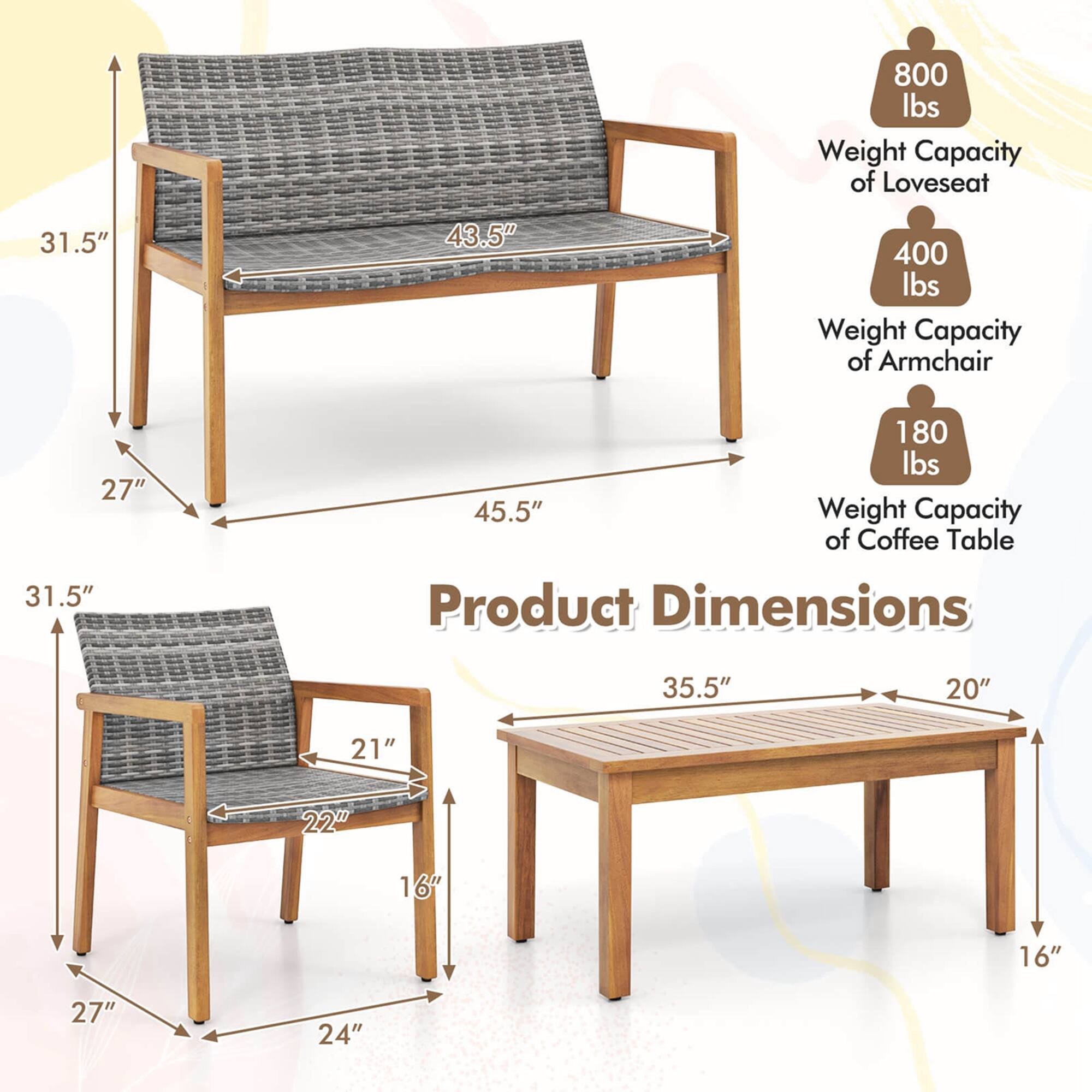 800 lbs Weight Capacity of Loveseat 31.5" 43.5" 400 lbs Weight Capacity of Armchair 27" 31.5" 180 lbs Weight Capacity of Coffee Table Product Dimensions 35.5" 20" 21" 22" 16" 16" 27" 24"