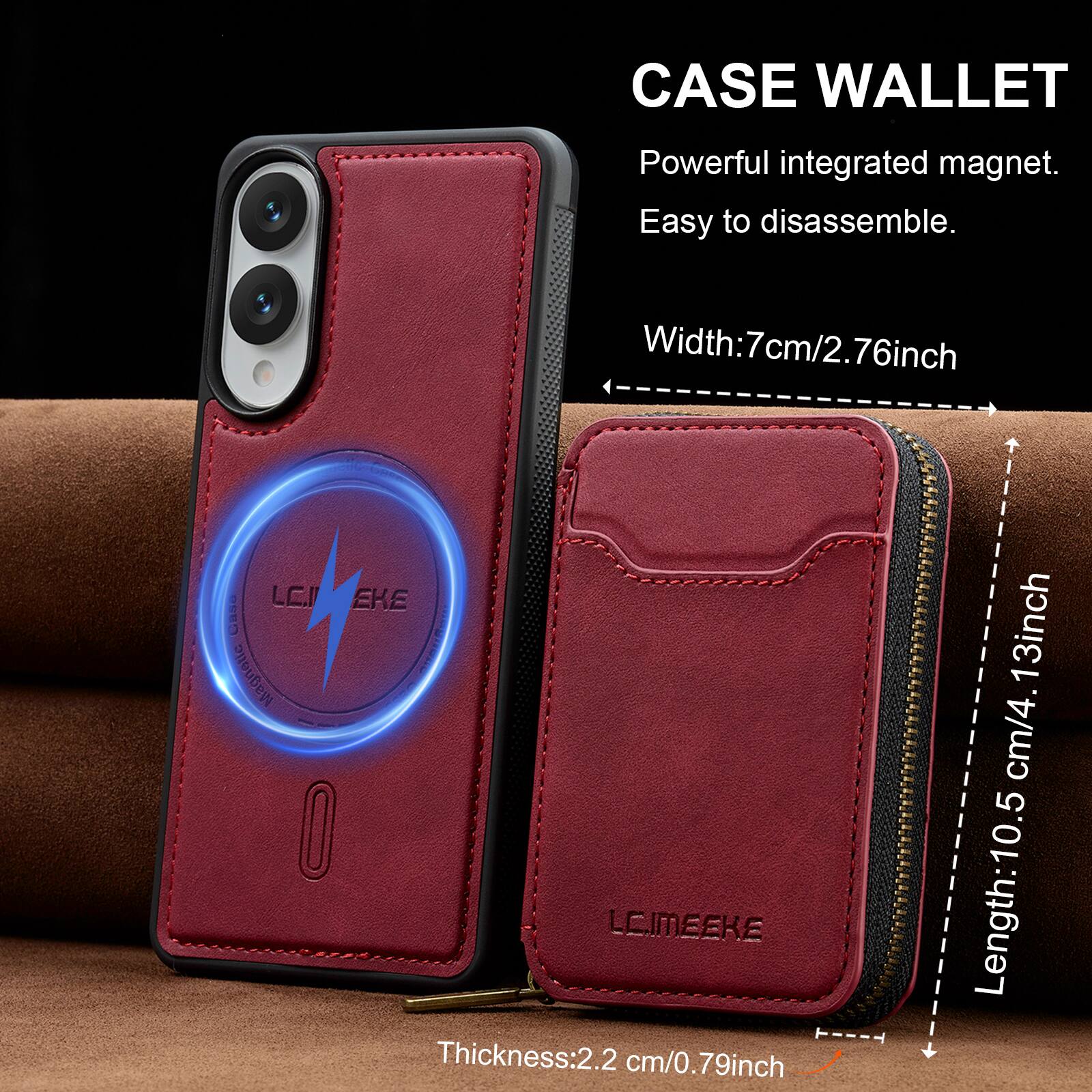 CASE WALLET  
Powerful integrated magnet.  
Easy to disassemble.  

Width: 7cm/2.76inch  
Thickness: 2.2 cm/0.79inch  
Length: 10.5 cm/4.13inch