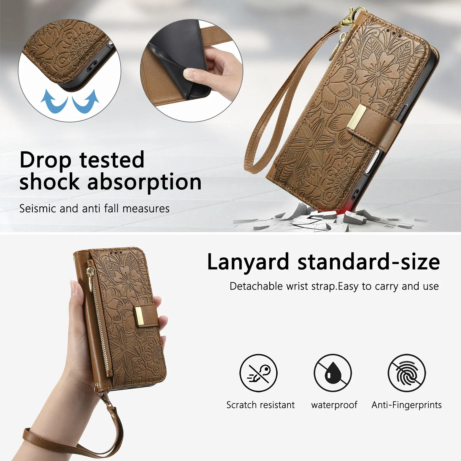 Drop tested shock absorption  
Seismic and anti fall measures  

Lanyard standard-size  
Detachable wrist strap. Easy to carry and use  

Scratch resistant  
Waterproof  
Anti-Fingerprints