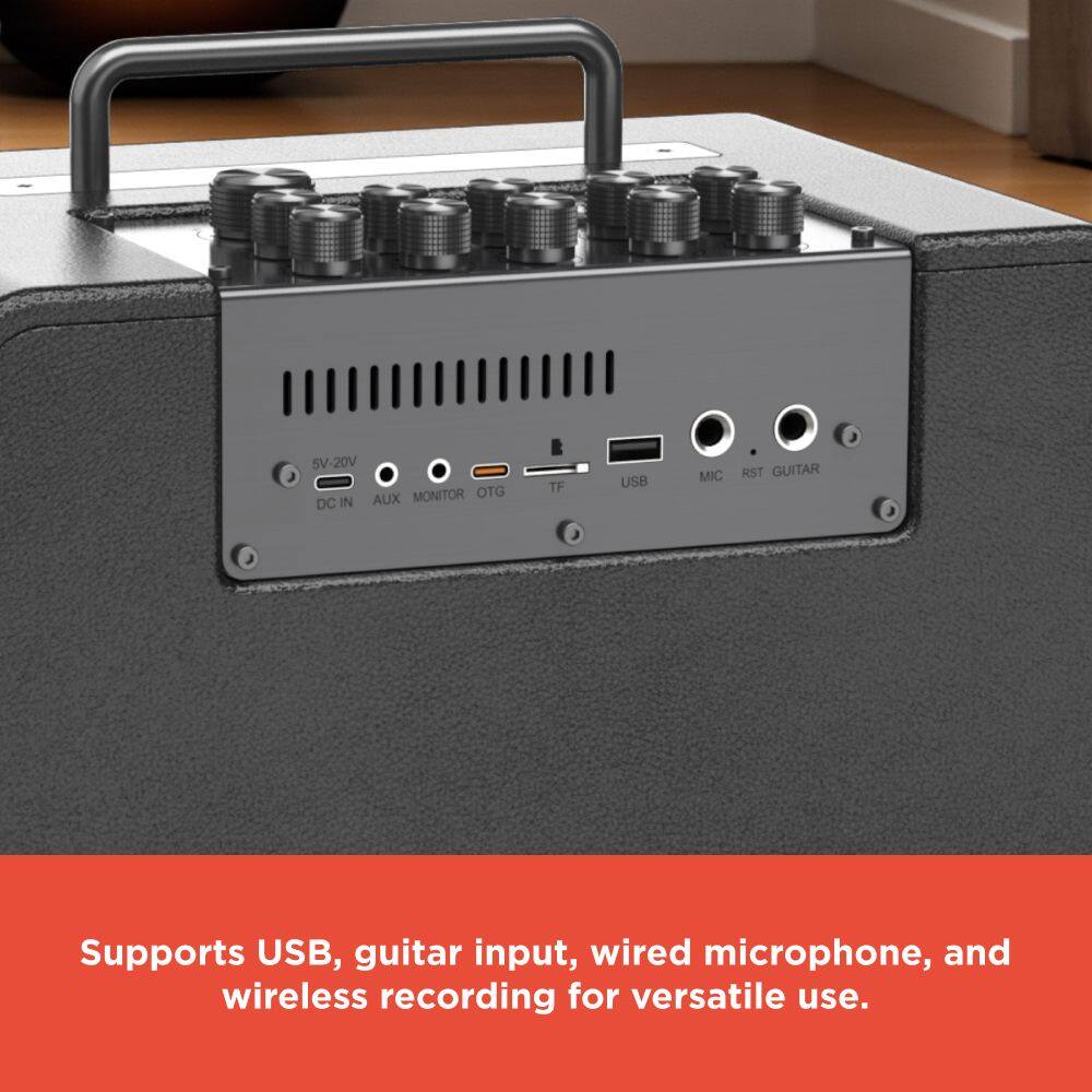 5V-20V MONITOR OTG DC IN AUX TF USB MIC RST GUITAR

Supports USB, guitar input, wired microphone, and wireless recording for versatile use.