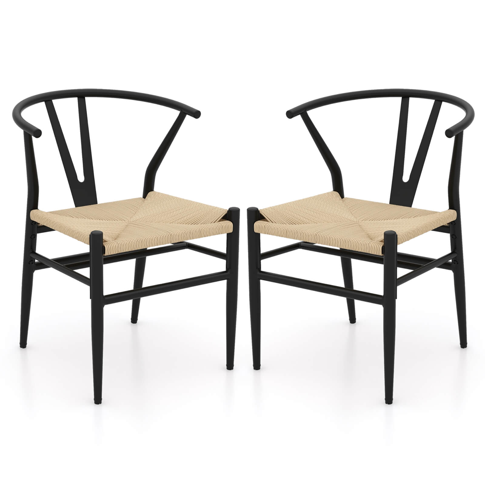 Costway - Modern Dining Chair Set of 2 Weave Kitchen Armchairs with Y-Shaped Curved Backrest - Beige,Black