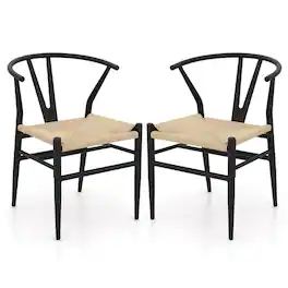 Costway - Modern Dining Chair Set of 2 Weave Kitchen Armchairs with Y-Shaped Curved Backrest - Beige,Black