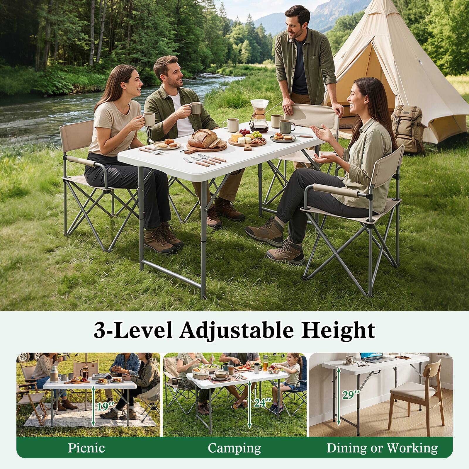 3-Level Adjustable Height 19" 24" 29" Picnic Camping Dining or Working