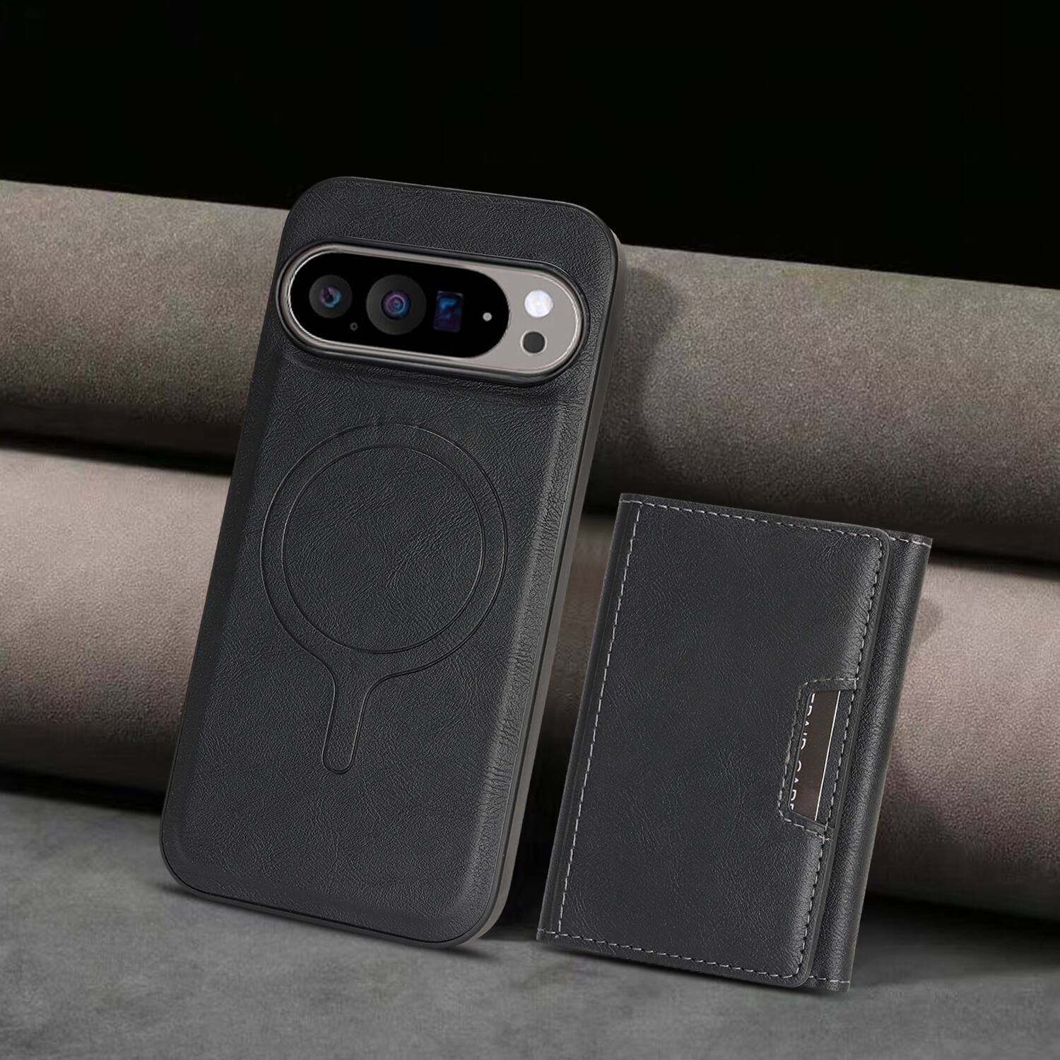 Left. Dteck - Wallet Case for Google Pixel 11 Pro Compatible with MagSafe Accessory Detachable Magnetic Card PU Leather Stand Cover - Black.