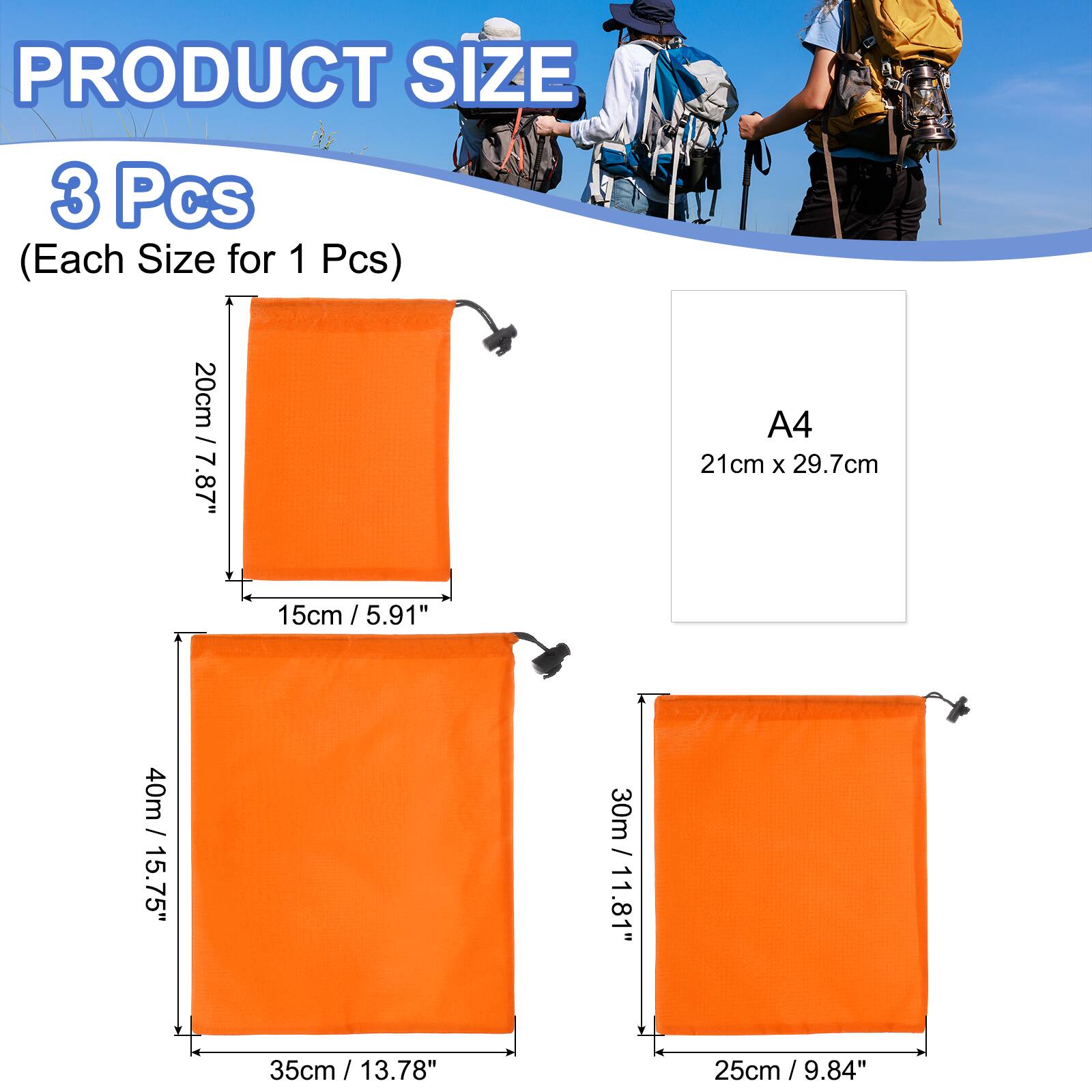 PRODUCT SIZE

3 Pcs (Each Size for 1 Pcs)

- 20cm / 7.87" x 15cm / 5.91"
- A4 21cm x 29.7cm
- 40m / 15.75" x 35cm / 13.78"
- 30m / 11.81" x 25cm / 9.84"
