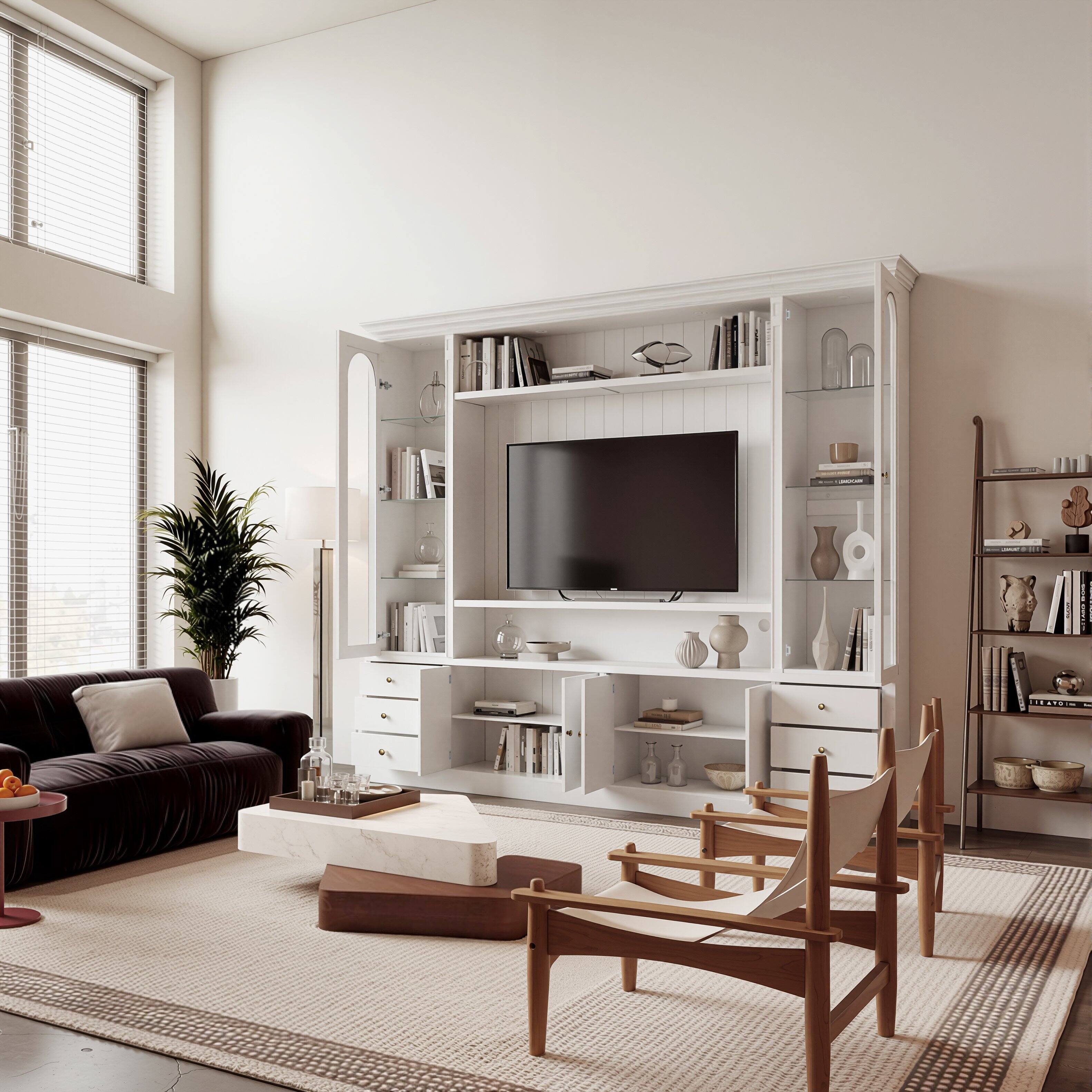 Left. Famapy - Large White TV Wall Unit with LED Lights, Fits Most TVs, Modern Living Room Storage Cabinet with Glass Doors. - White.