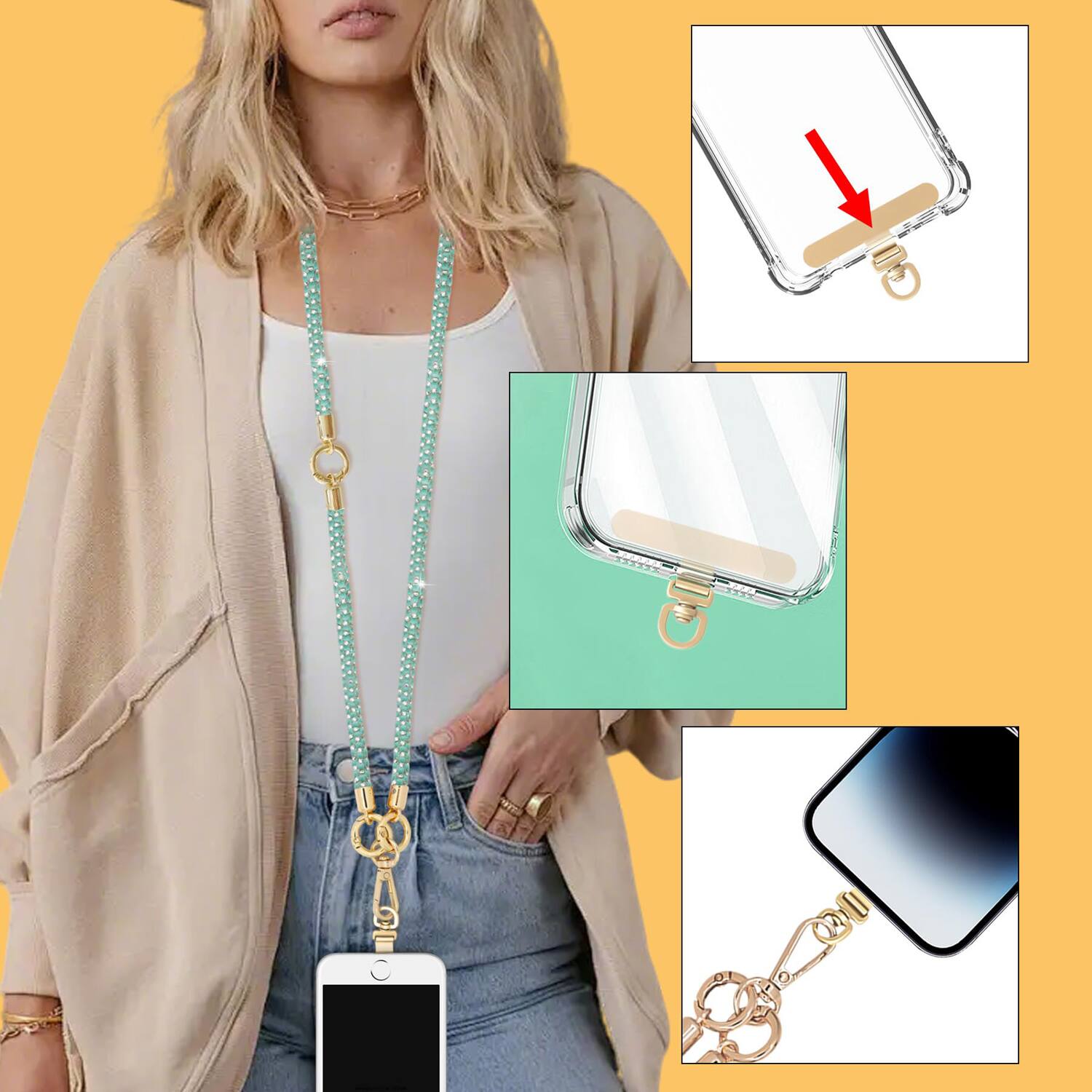 Back. Dteck - 3-in-1 Glitter Crossbody Phone Lanyard,Sparkly Crystal Phone Strap Fashion Wrisrstrap for Universal Smartphone Cases - Green.