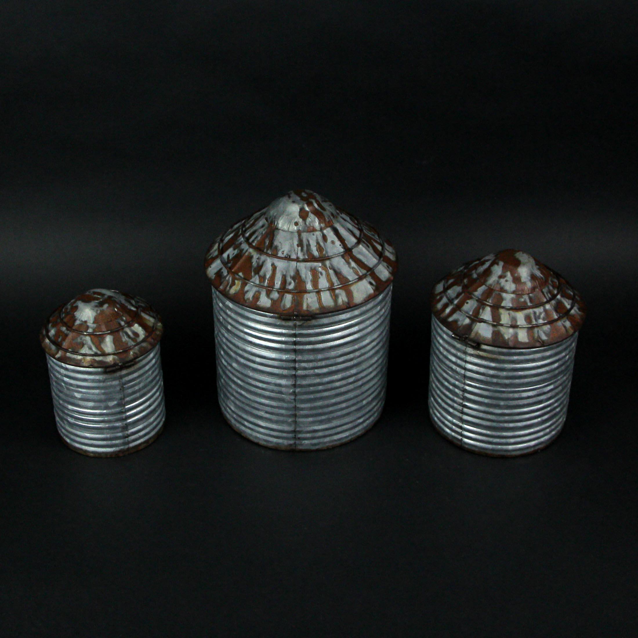 Alt View 7. Zeckos - Vintage Farmhouse Style Galvanized Zinc Finish Tin Silo Canister Set of 3 - Grey.