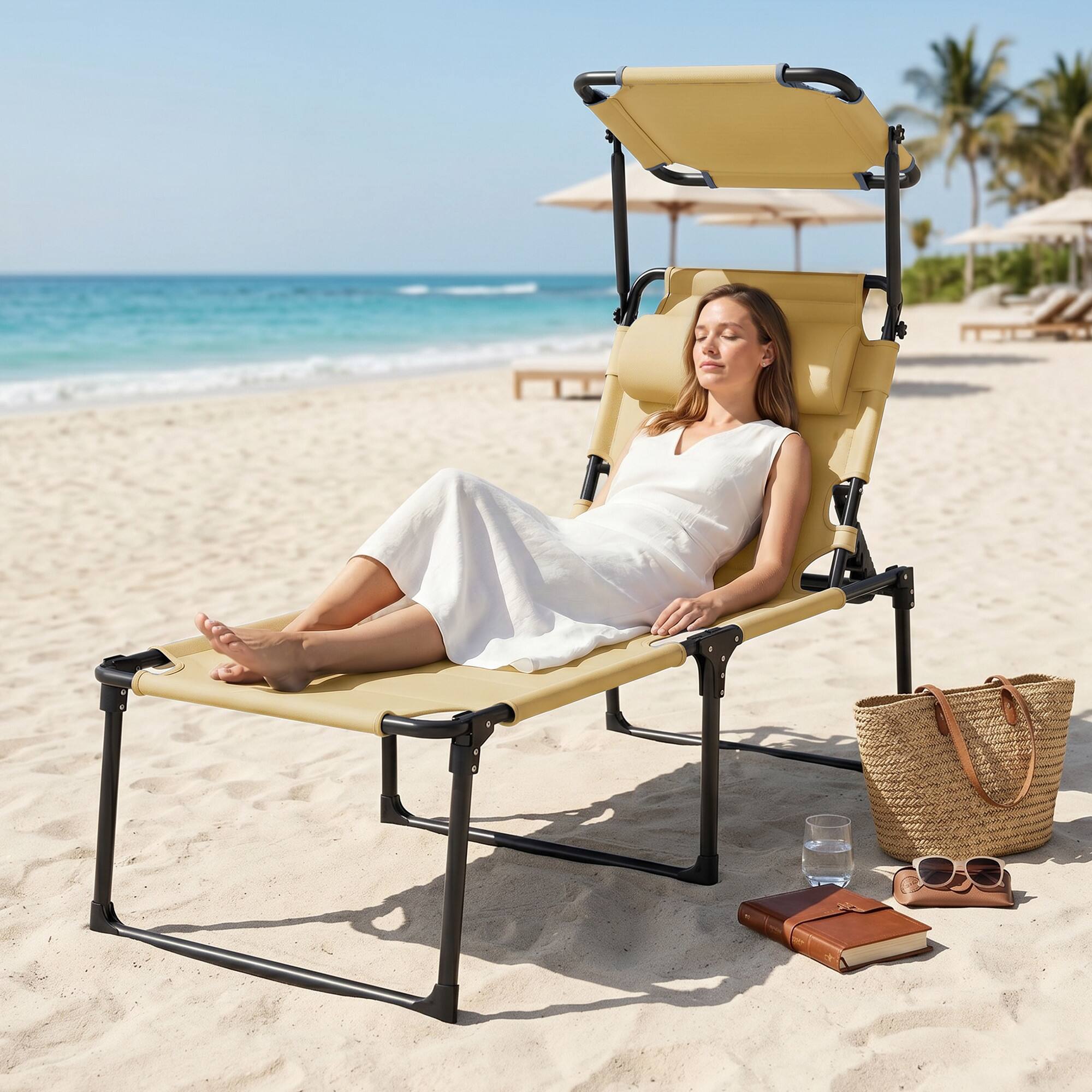 Alt View 7. Outsunny - Lounge Chair, 4 Position Adjustable Backrest, Folding, Cushioned w/ Sun Shade Roof & Pillow - Cream White.