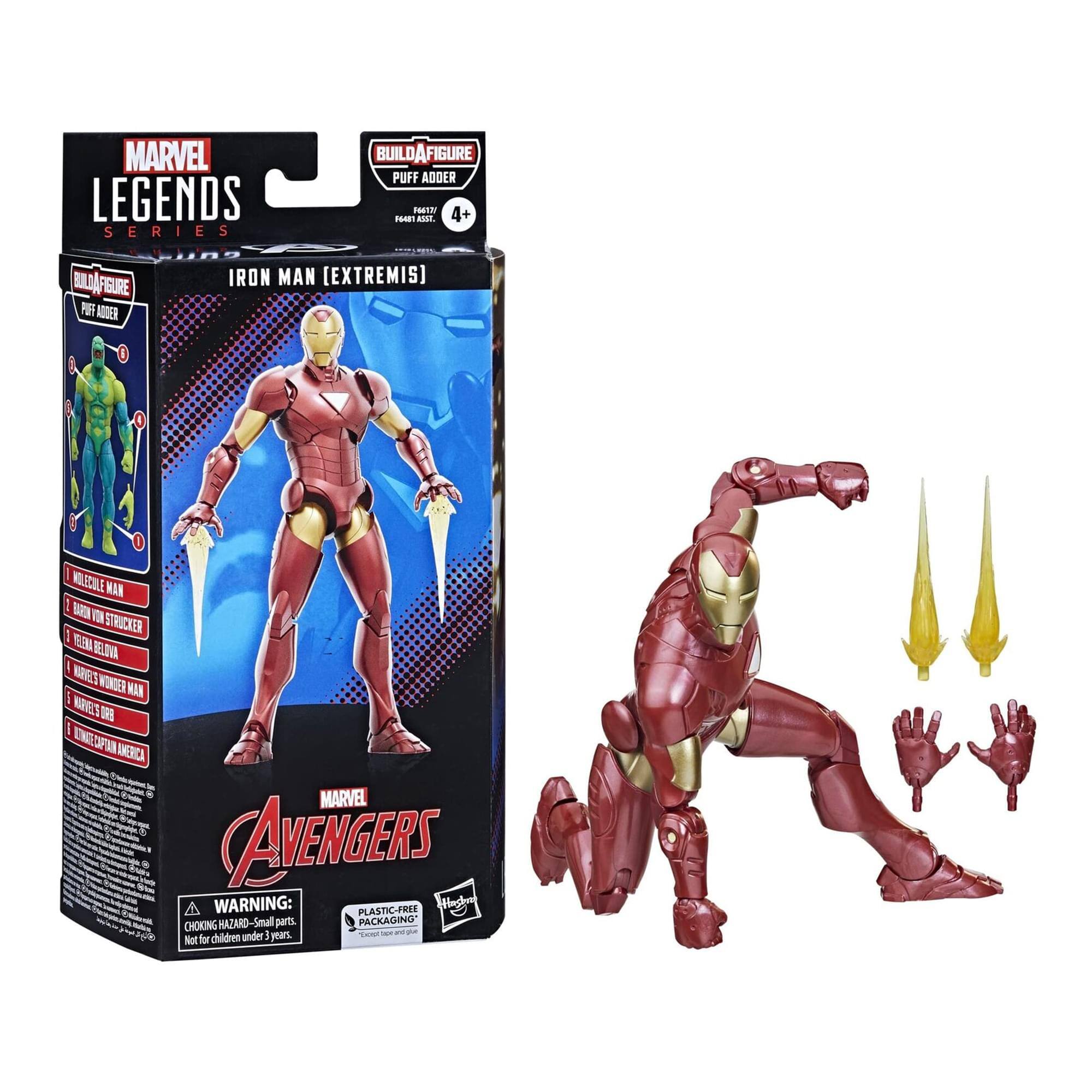 MARVEL LEGENDS SERIES  
BUILD-A-FIGURE  
PUFF ADDER  
4+  

IRON MAN [EXTREMIS]  

INCLUDES:  
- IRON MAN  
- HULK  
- VISION  
- EYE-BOT  
- EMERGENCY WINDER MAN  
- NICOPAN FAN  
- CAPTAIN AMERICA  

MARVEL AVENGERS  

WARNING: CHOKING HAZARD - Small parts. Not for children under 3 years.  

PLASTIC-FREE PACKAGING
