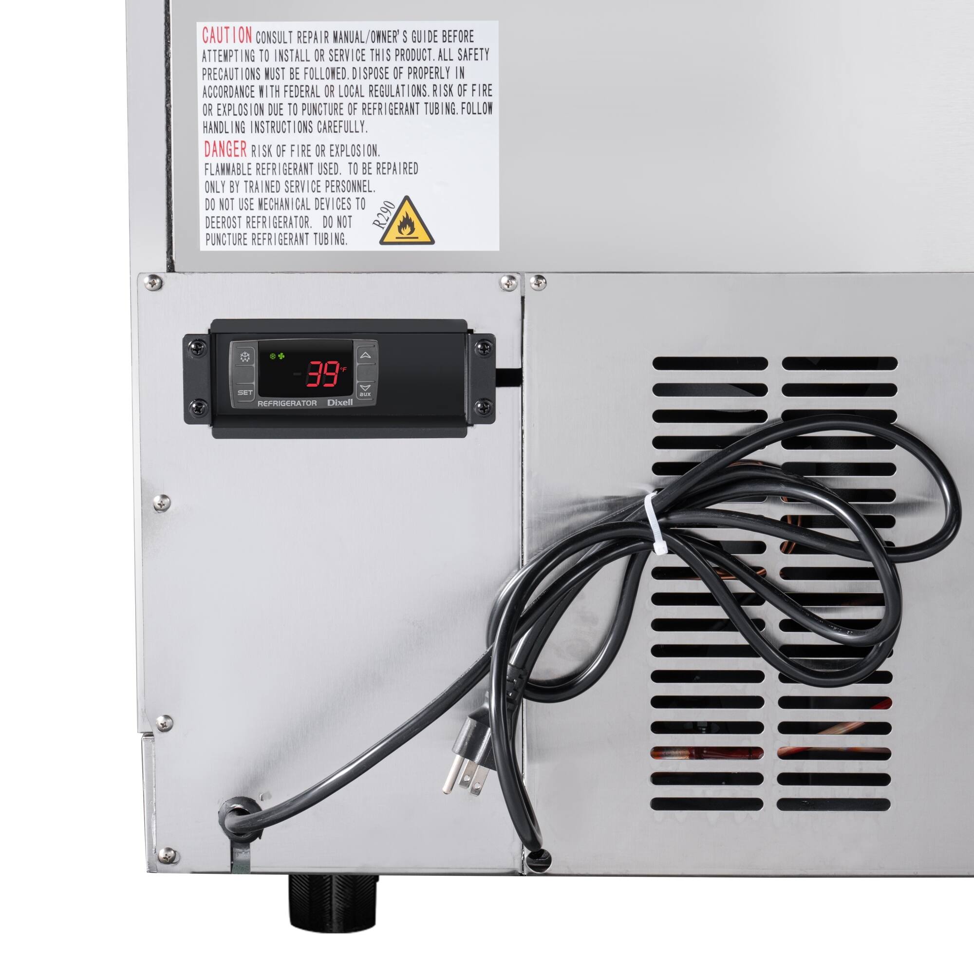 CAUTION: CONSULT REPAIR MANUAL/OWNER'S GUIDE BEFORE ATTEMPTING TO INSTALL OR SERVICE THIS PRODUCT. ALL SAFETY PRECAUTIONS MUST BE FOLLOWED. DISPOSE OF PROPERLY IN ACCORDANCE WITH FEDERAL OR LOCAL REGULATIONS. RISK OF FIRE OR EXPLOSION DUE TO PUNCTURE OF REFRIGERANT TUBING. FOLLOW HANDLING INSTRUCTIONS CAREFULLY. DANGER: RISK OF FIRE OR EXPLOSION. FLAMMABLE REFRIGERANT USED. REFRIGERATOR MUST BE REPAIRED ONLY BY TRAINED SERVICE PERSONNEL. DO NOT USE MECHANICAL DEVICES. DO NOT PUNCTURE REFRIGERANT TUBING. 39°F/3°C REFRIGERATOR TEMPERATURE.